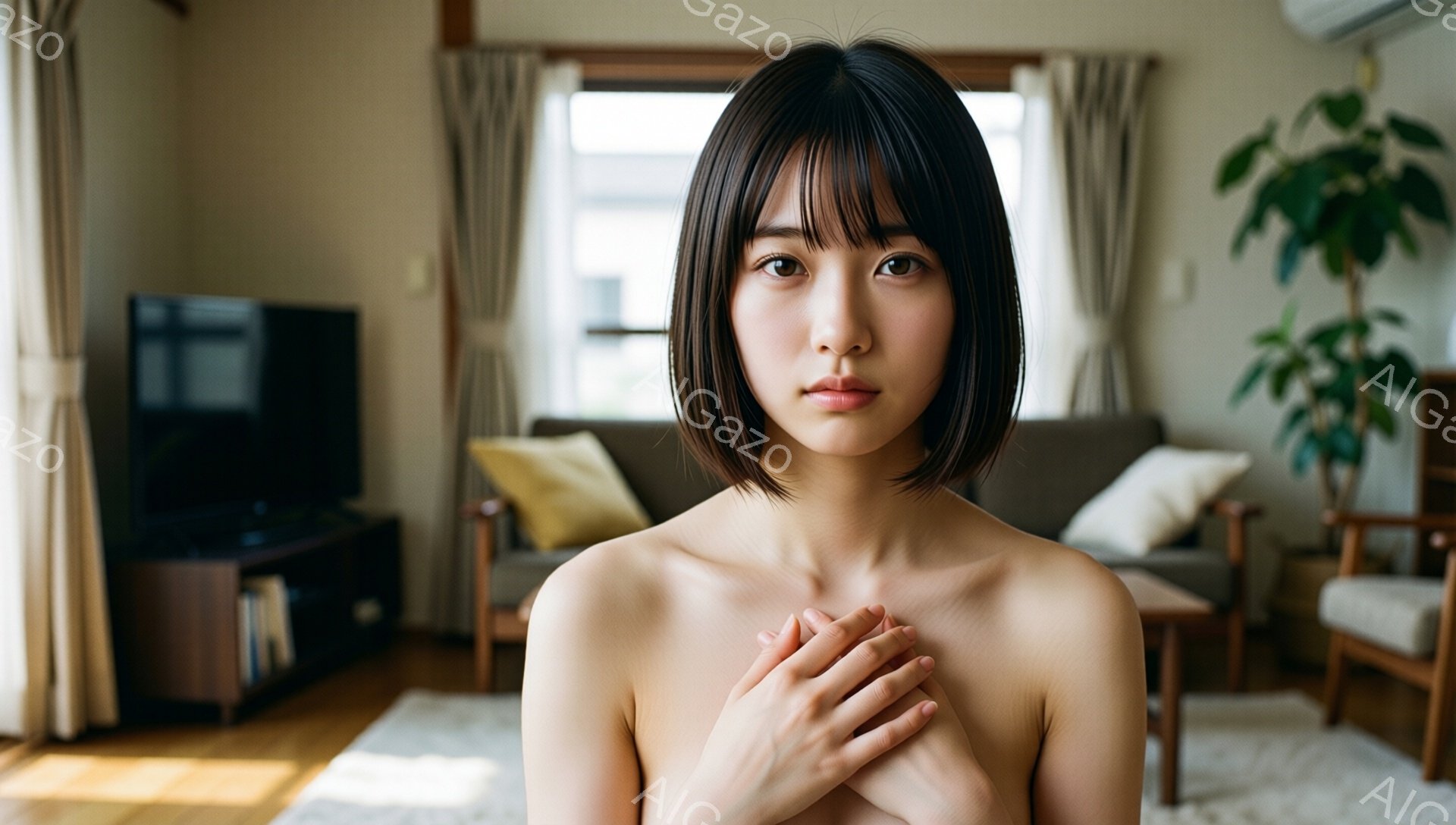 短い黒髪で、前髪が眉毛にかかるヘアスタイルをした若い女性が描かれています。彼女は上半身をむき出しにして、両手を胸の前で組み合わせています。背景にはベージュ色のソファと木製のキャビネットが見え、室内は明 - AI生成フリー素材