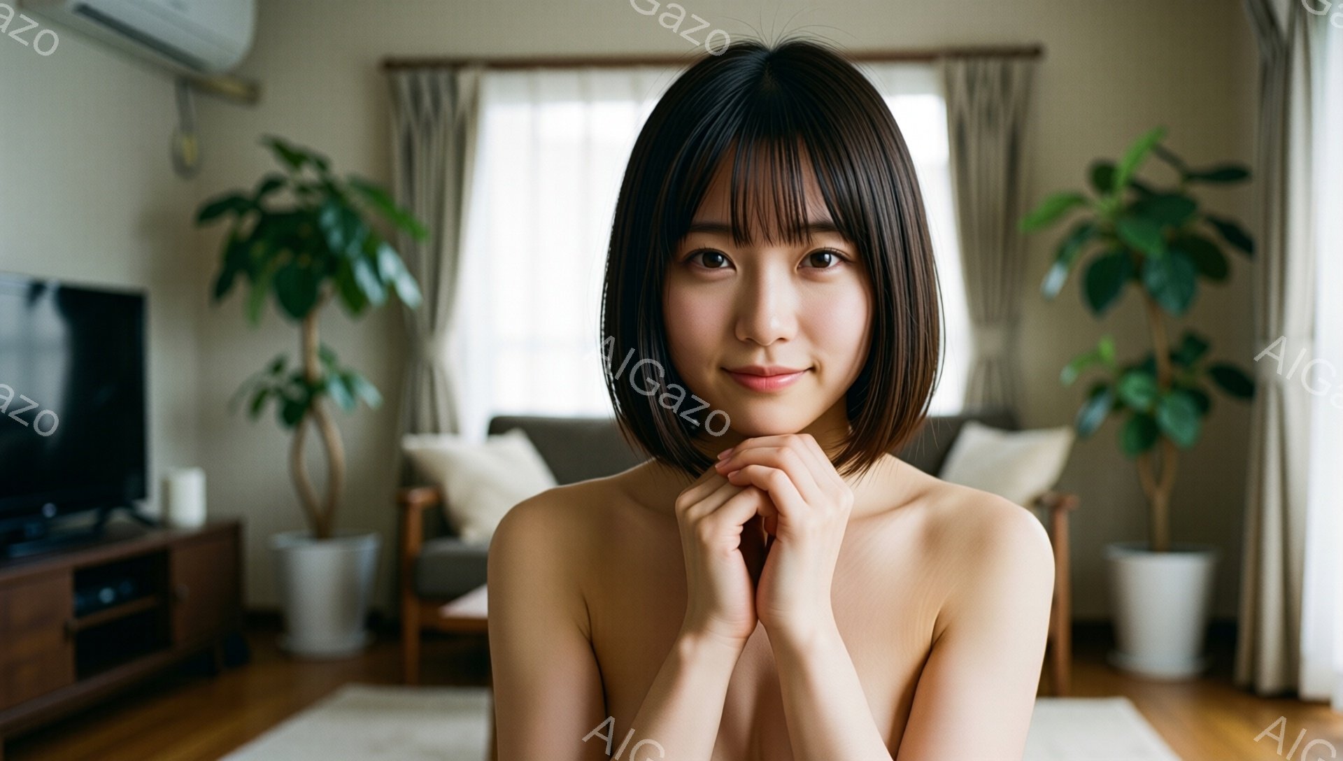 短い黒髪の女性が、顔の前で両手を組んで微笑んでいます。彼女は上半身裸で、背景には明るいリビングルーム、ベージュのソファ、観葉植物が見えます。全体的に、柔らかく自然な雰囲気で、リラックスしたポートレート写真です。