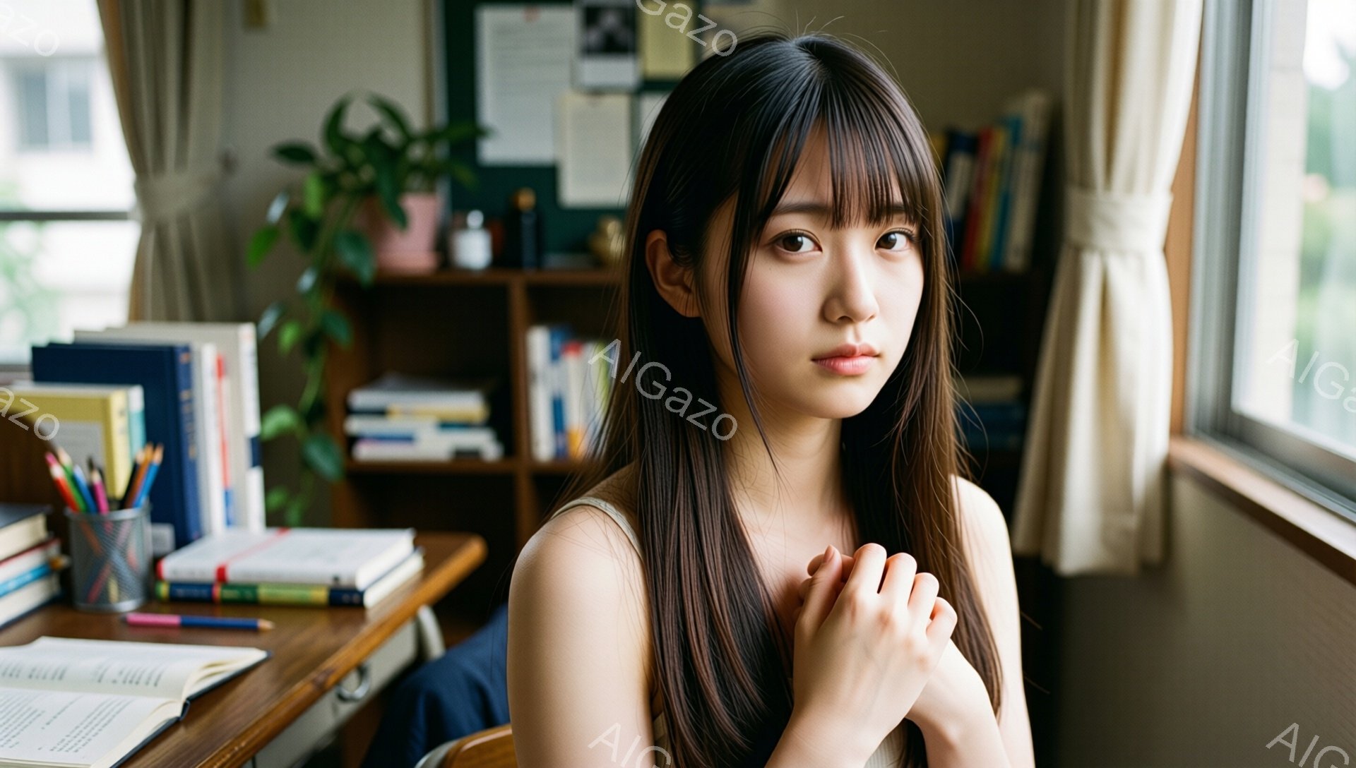 長い黒髪で前髪が目の上ギリギリまで届く女性が写っている。白いタンクトップを着ており、両手を組み合わせて少し憂いを帯びた表情をしている。背景には本棚、机、そして窓から見える建物が見え、教室のような空間であることがわかる。