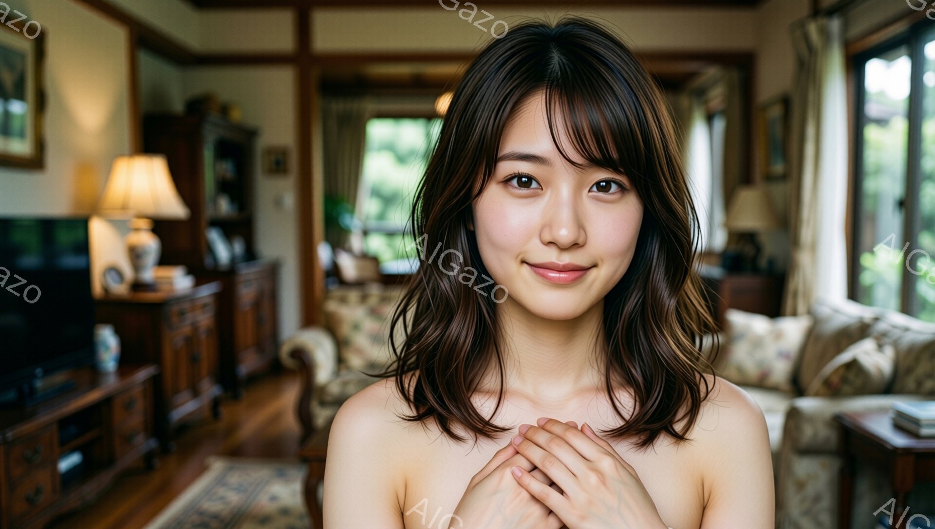 明るいリビングルームで、若い女性が胸の前で両手を合わせ、微笑んでいます。彼女は肩出しのスタイルで、肩から下が隠されています。背景には、木製のキャビネットやソファ、窓から見える緑豊かな木々が見え、温かく穏やかな雰囲気です。