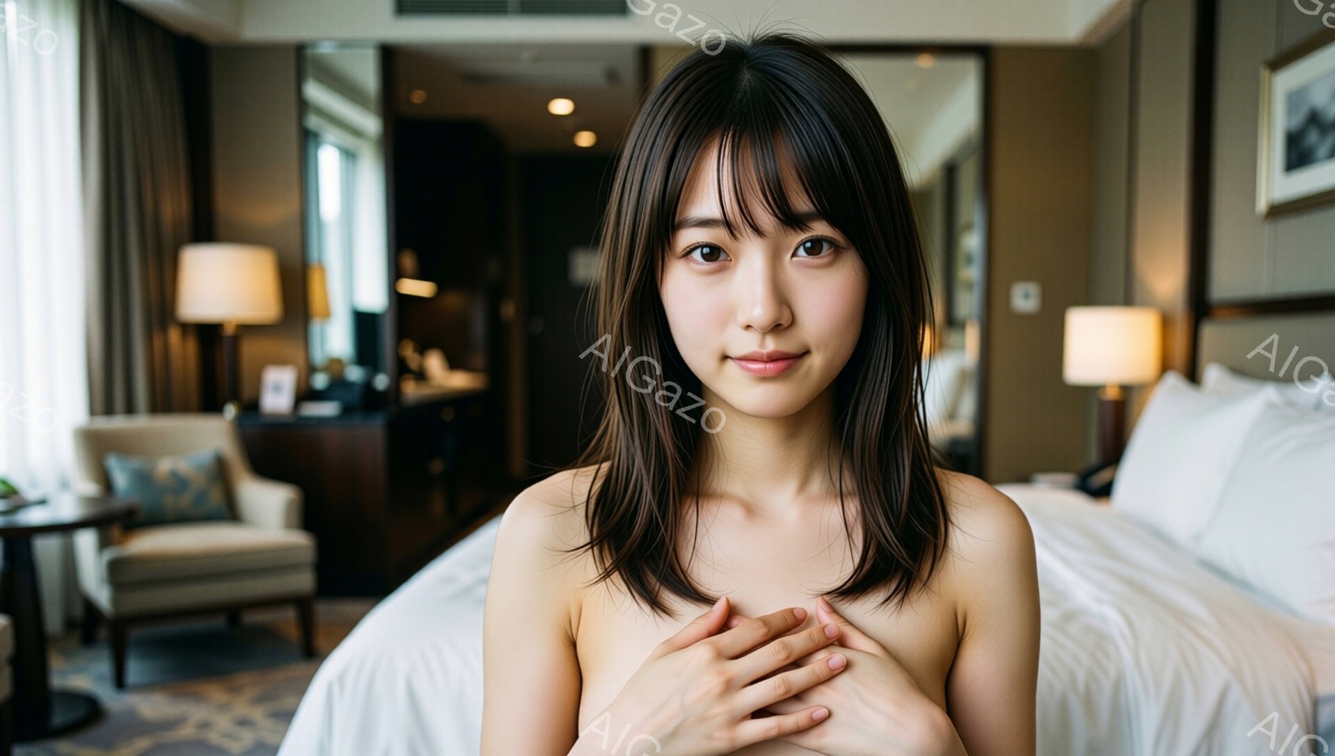 長い茶色の髪に前髪がぱっつんとなった女性が、白いベッドの前で両手を胸に当てて微笑んでいます。背景はホテルの部屋で、クリーム色の椅子、テーブル、そしてベッドが見えます。全体的に柔らかい光が差し込み、温か - AI生成フリー素材