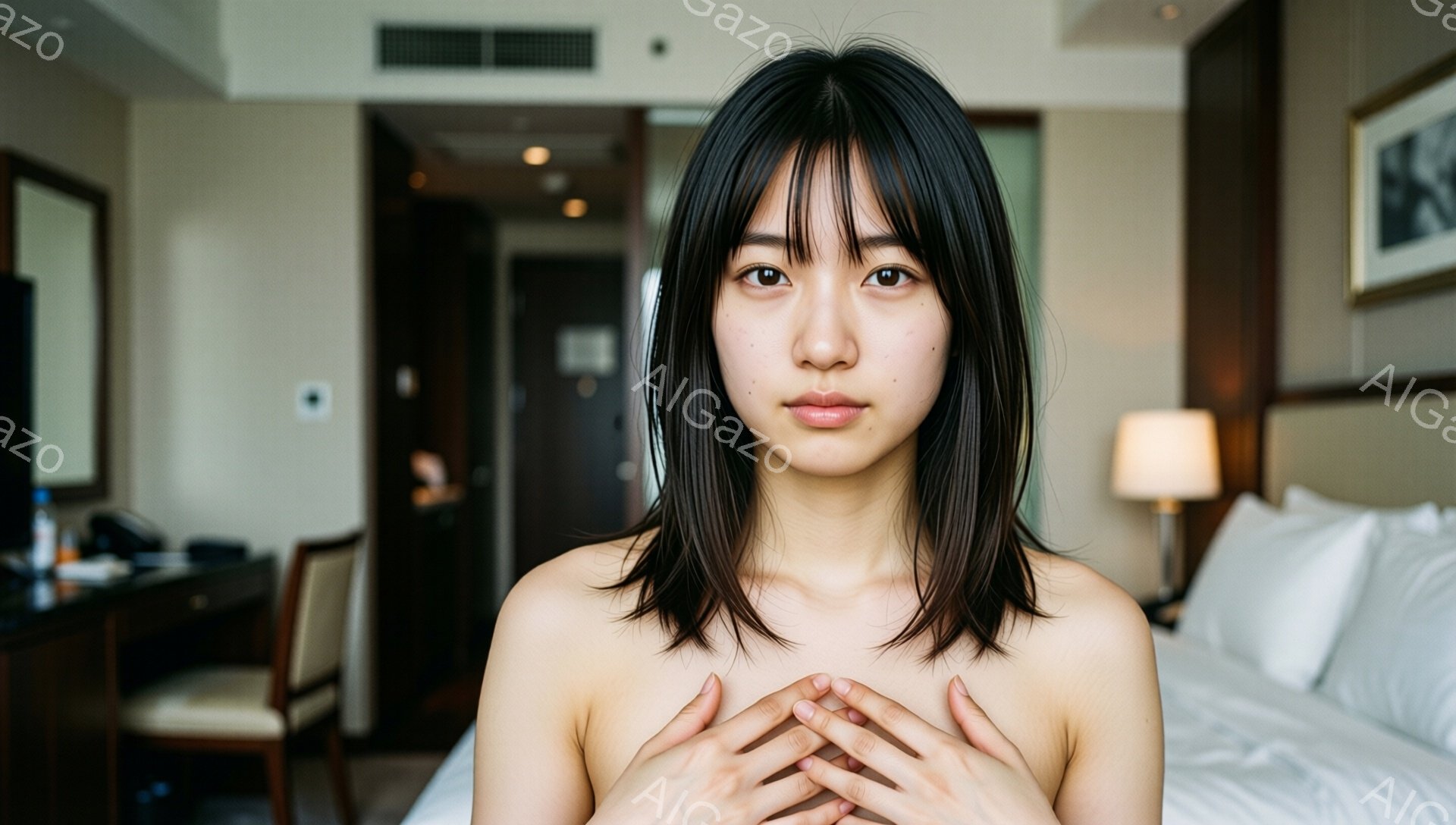 画像は、肩出しでベッドの前に立つ若い女性を捉えています。彼女はダークブラウンのミディアムレングスのヘアスタイルで、前髪が目にかかっています。彼女は祈るように両手を胸の前で重ね、穏やかで内省的な表情をしています。