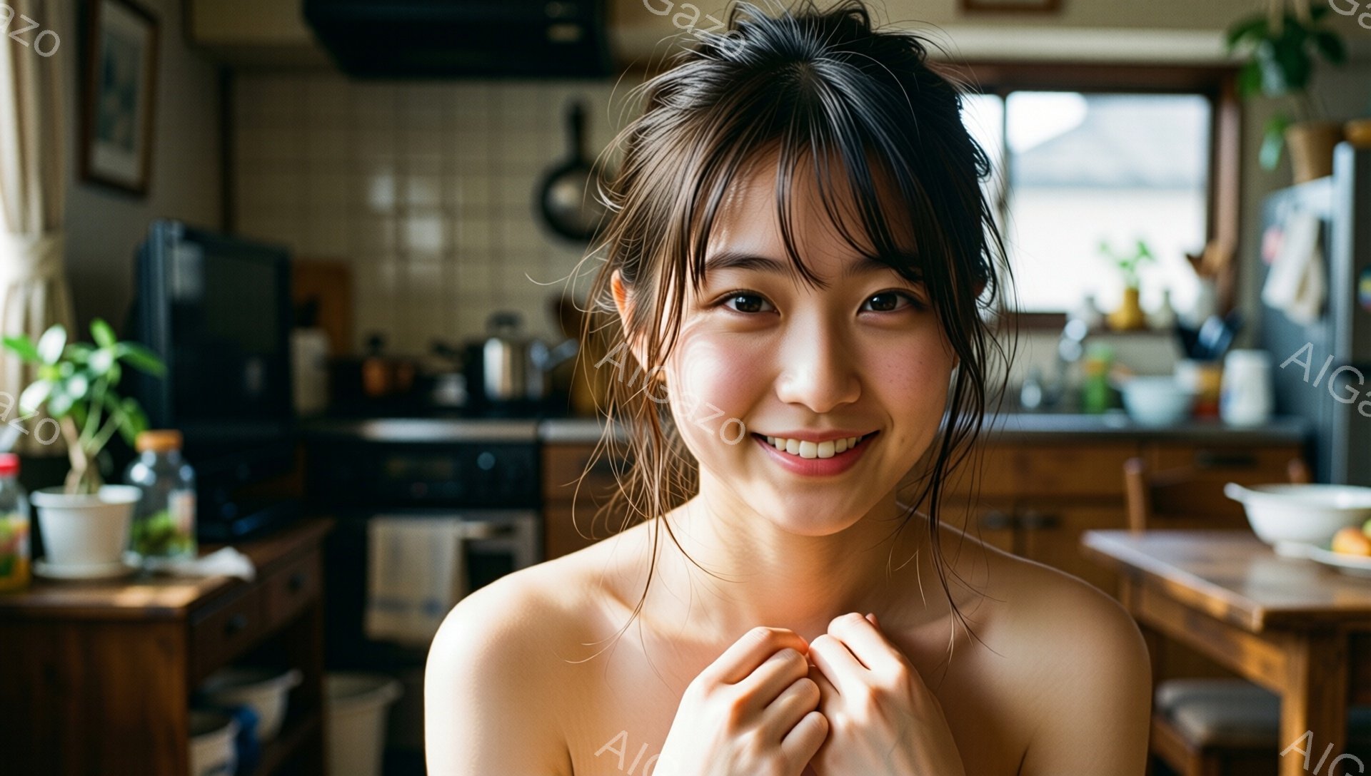 この女性は、笑顔でカメラを見つめ、両手を胸の前で組み合わせています。髪は肩にかかる長さで、少し無造作にまとめられています。背景はキッチンで、調理器具や食器が置かれ、窓からは自然光が差し込み、温かく家庭 - AI生成フリー素材