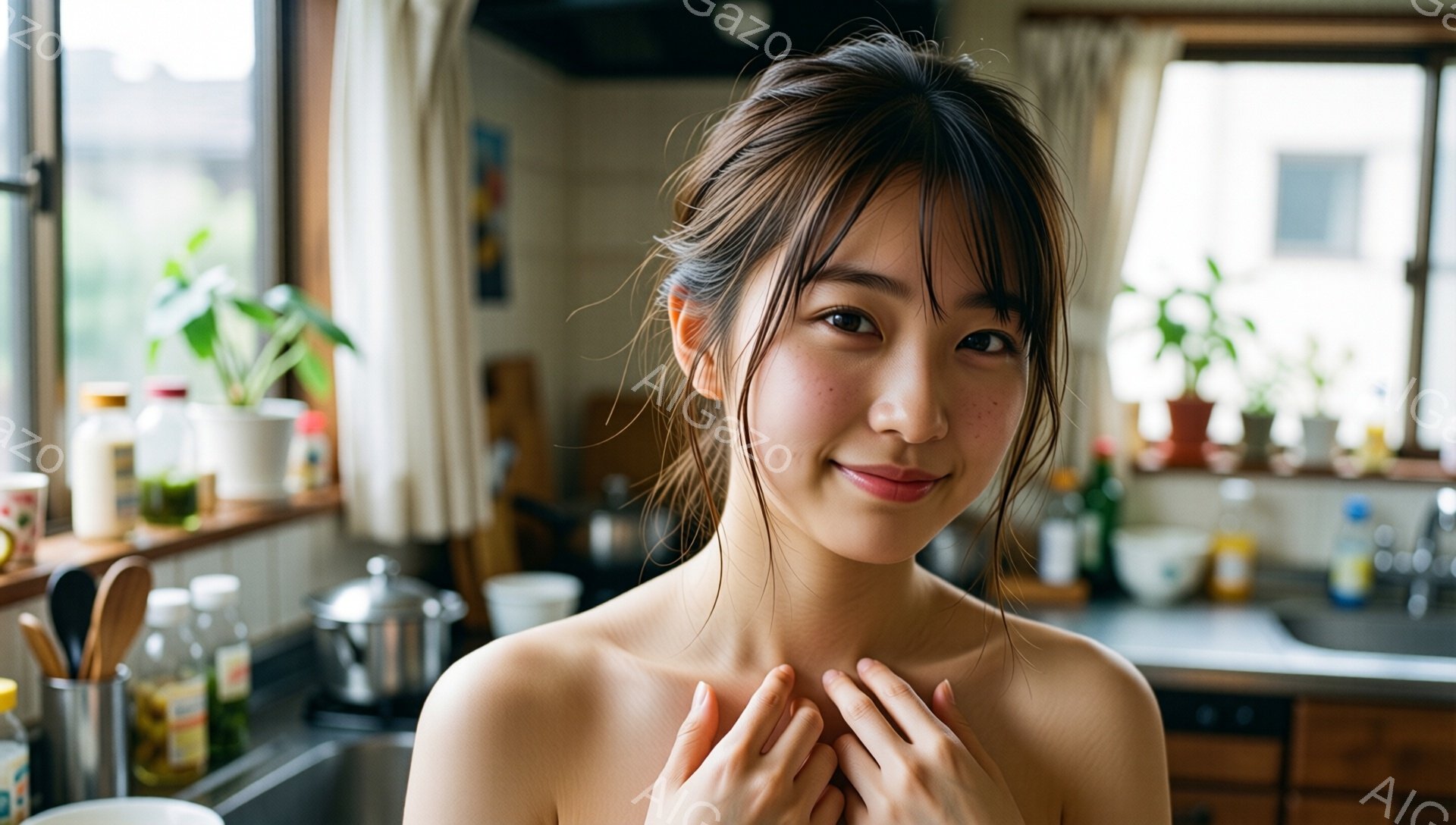 明るいキッチンを背景に、若い女性が微笑んでいます。彼女は肩を露出した状態で、両手で胸の前で優しく触れています。背景には、植物、調理器具、そして窓から差し込む自然光が見え、全体的に温かく親しみやすい雰囲気が漂っています。