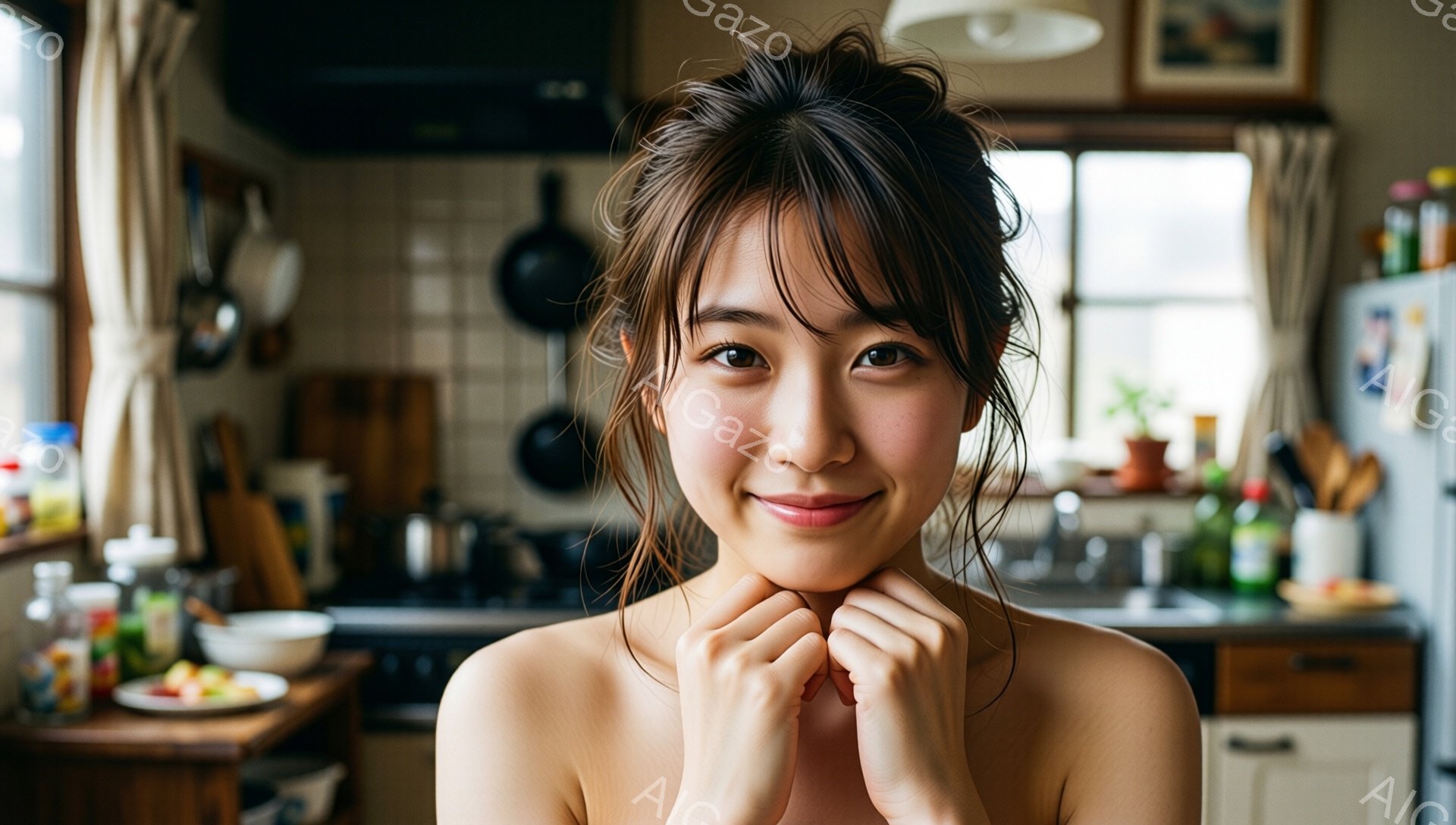 明るいキッチンを背景に、女性が微笑みながらカメラを見つめている。彼女は肩を露出した状態で、髪を無造作にまとめ、頬に手を当てている。キッチンには調理器具や調味料が並び、家庭的で温かい雰囲気が漂っている。