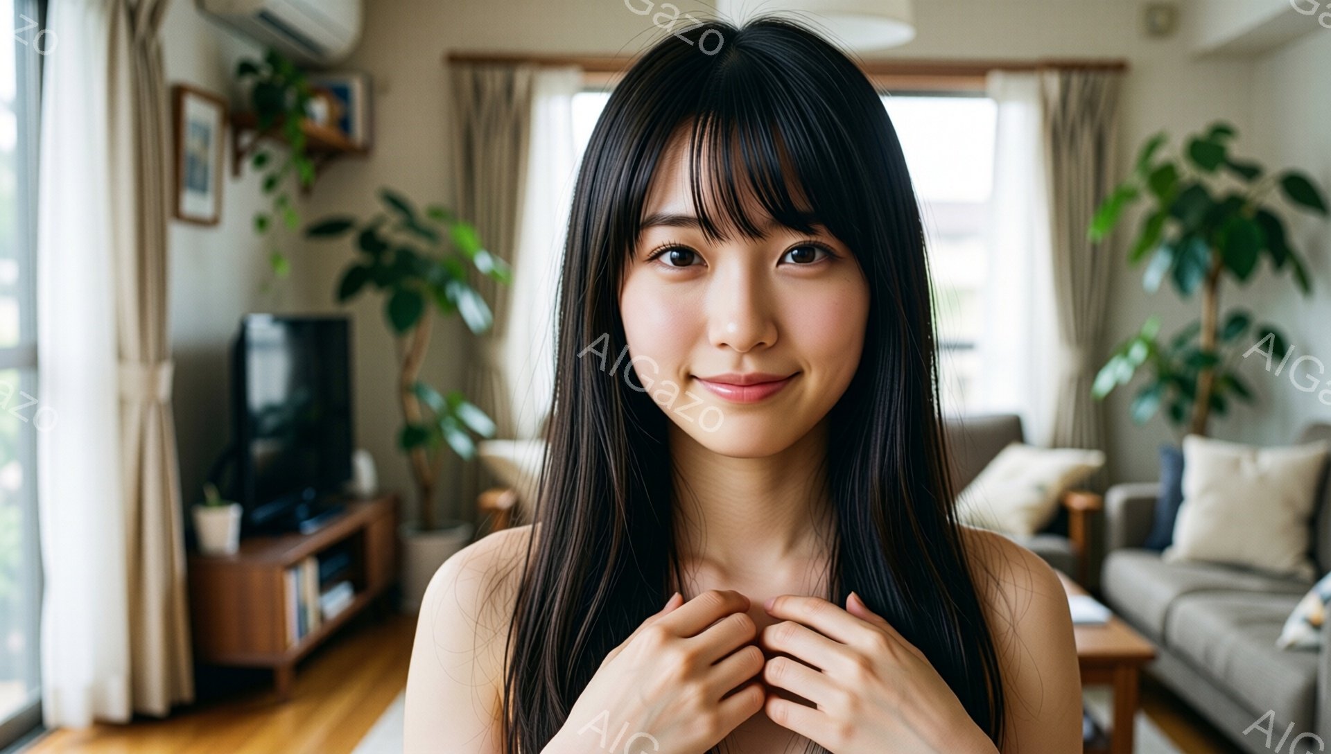 黒髪で前髪のある若い女性が、カメラに向かって微笑んでいます。彼女は上半身に薄い色の何かを身につけ、両手を胸の前で組んでいます。背景には、ソファ、キャビネット、観葉植物のある明るいリビングルームが見え、 - AI生成フリー素材