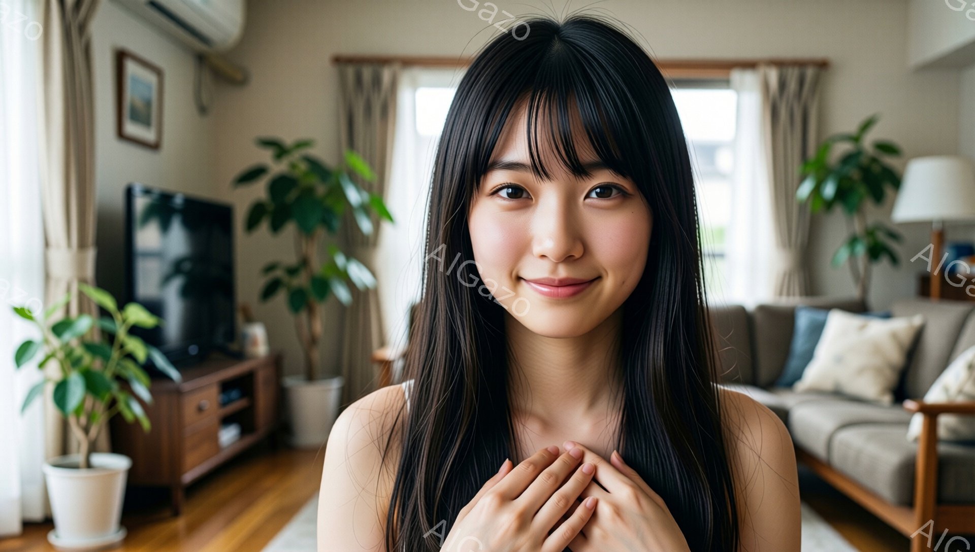長い黒髪で前髪が目の上にかかる女性が、微笑みながら胸の前で両手を合わせています。ベージュ色のソファと観葉植物が置かれたリビングが背景に見え、暖かく穏やかな雰囲気が漂っています。窓からは光が差し込み、室 - AI生成フリー素材