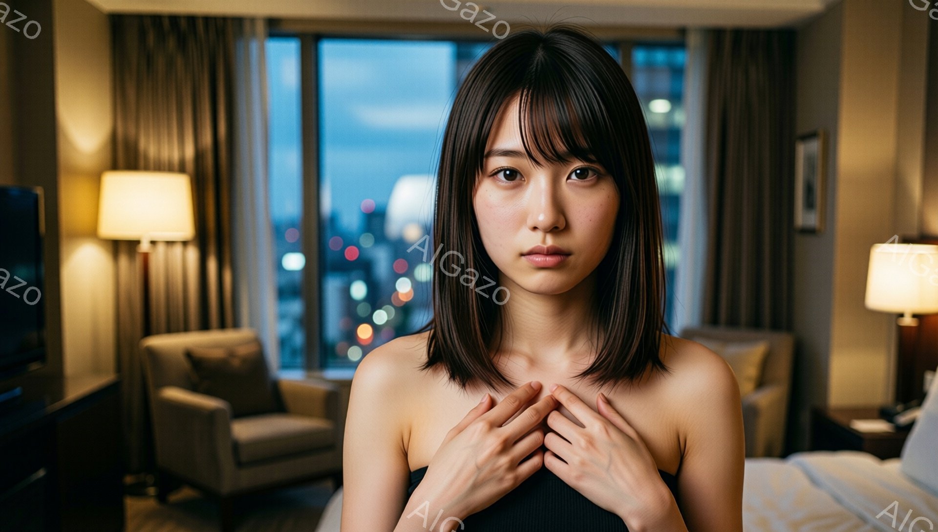 室内で、肩出しの黒いトップスを着た若い女性が正面を見据えています。彼女は肩に手を当て、やや憂いを帯びた表情をしています。背景には夜景が広がる大きな窓、アームチェア、そしてベッドがあり、落ち着いた雰囲気のホテルの一室であることがわかります。