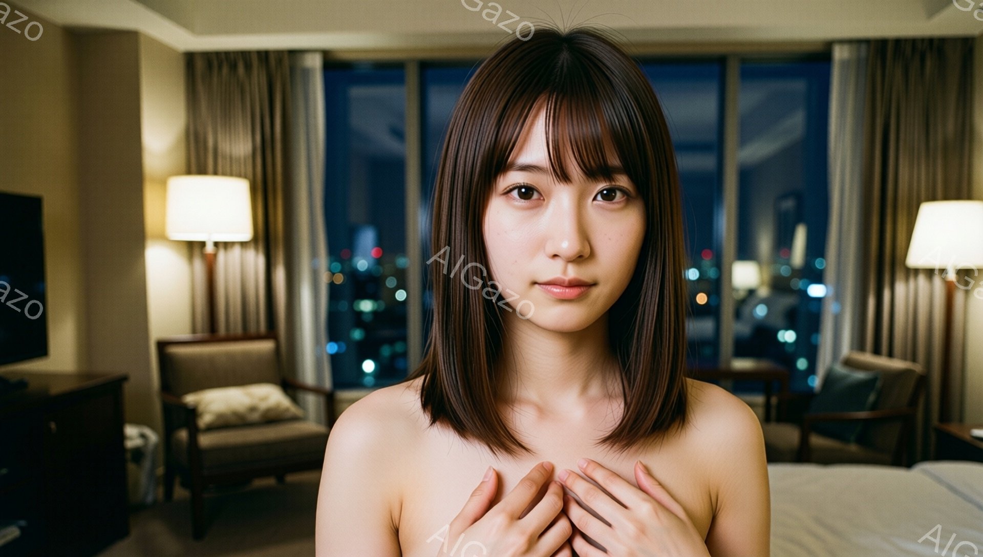この女性は、肩出しの状態で、両手を胸の前で重ねて立っている。彼女は肩までの長さのダークブラウンの髪を持ち、わずかに微笑んでいる。背景には、夜景が見えるホテルルームのインテリアがあり、暖色系の照明と椅子、テーブルが見える。