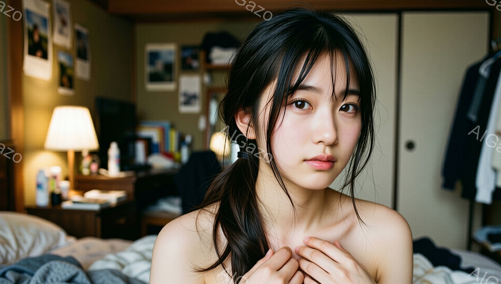 長い黒髪を無造作にまとめ、素肌に白いニットをまとう女性が写っている。彼女は少し伏し目がちで、唇は軽く結び、不安げながらもどこか憂いを帯びた表情をしている。背景には木製の家具や壁に飾られた写真、服などが写り、暖かく、生活感のある寝室の一室であることがわかる。