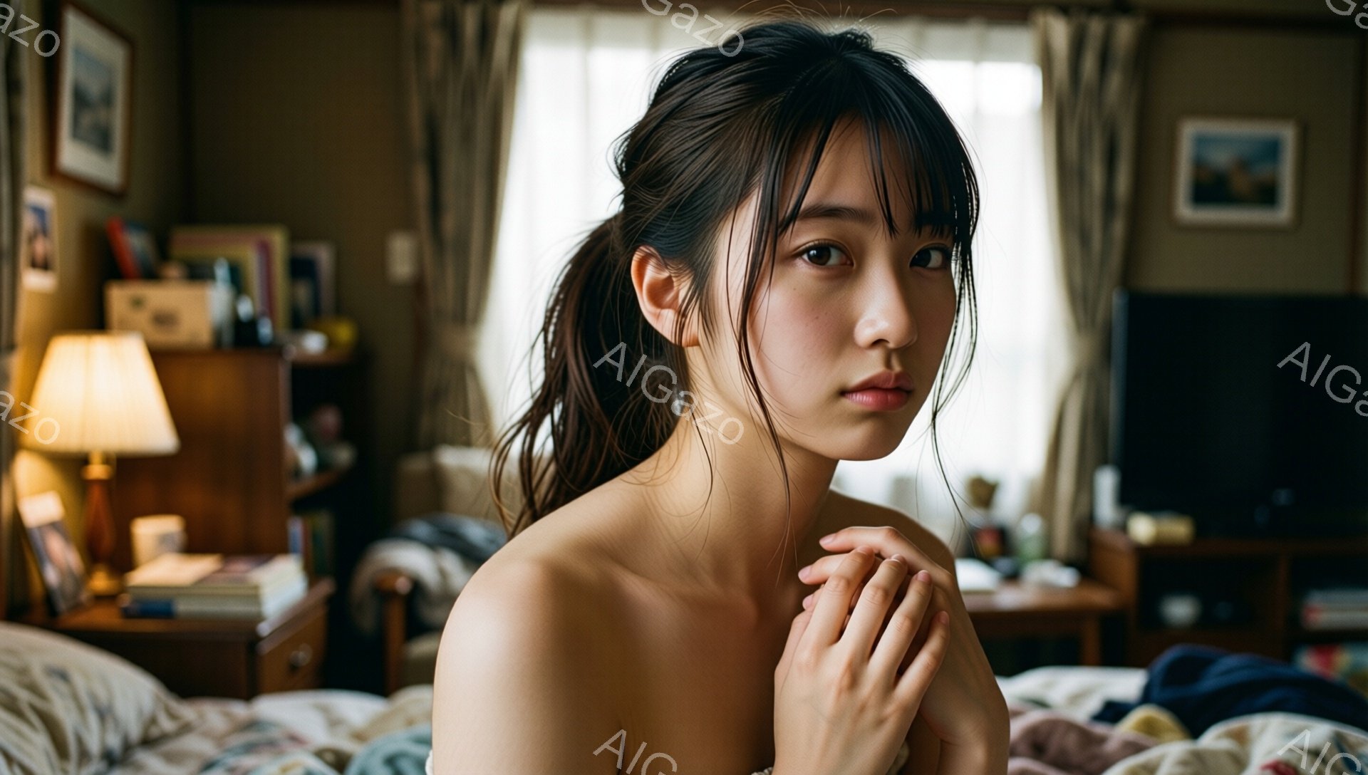 長い黒髪をポニーテールにし、上半身に何も着ていない若い女性が写っています。彼女はベッドに座り、両手を重ねて少し憂いを帯びた表情でカメラを見つめています。背景には木製の家具や絵画が見え、部屋全体が落ち着 - AI生成フリー素材