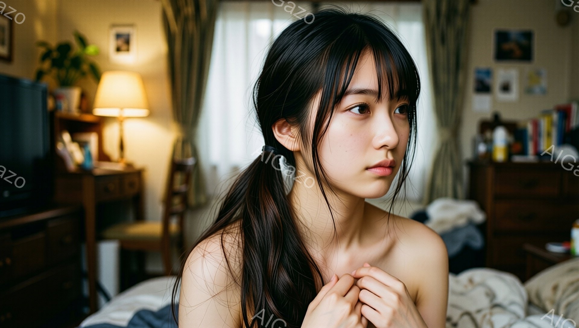 長い黒髪を後ろで一つにまとめた若い女性が、白いシーツに横たわっています。彼女は肩から上半身が露出しており、両手で胸の前を抱きしめるようにしています。背景には木製の家具や絵画が飾られた室内がぼやけて見え、全体的に落ち着いた、内省的な雰囲気が漂っています。