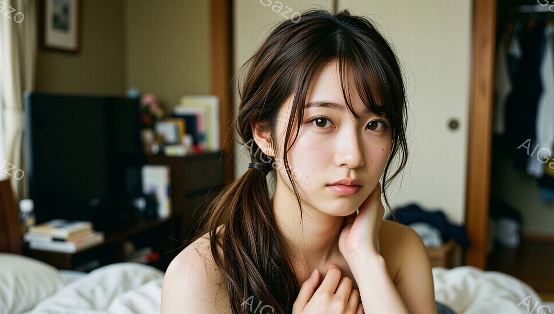 長い黒髪をハーフアップにした若い女性が、ベッドに横たわって顎に手を当てています。彼女の表情は穏やかで、少し物憂げな様子です。背景には家具や棚が見え、室内でリラックスした雰囲気が漂っています。