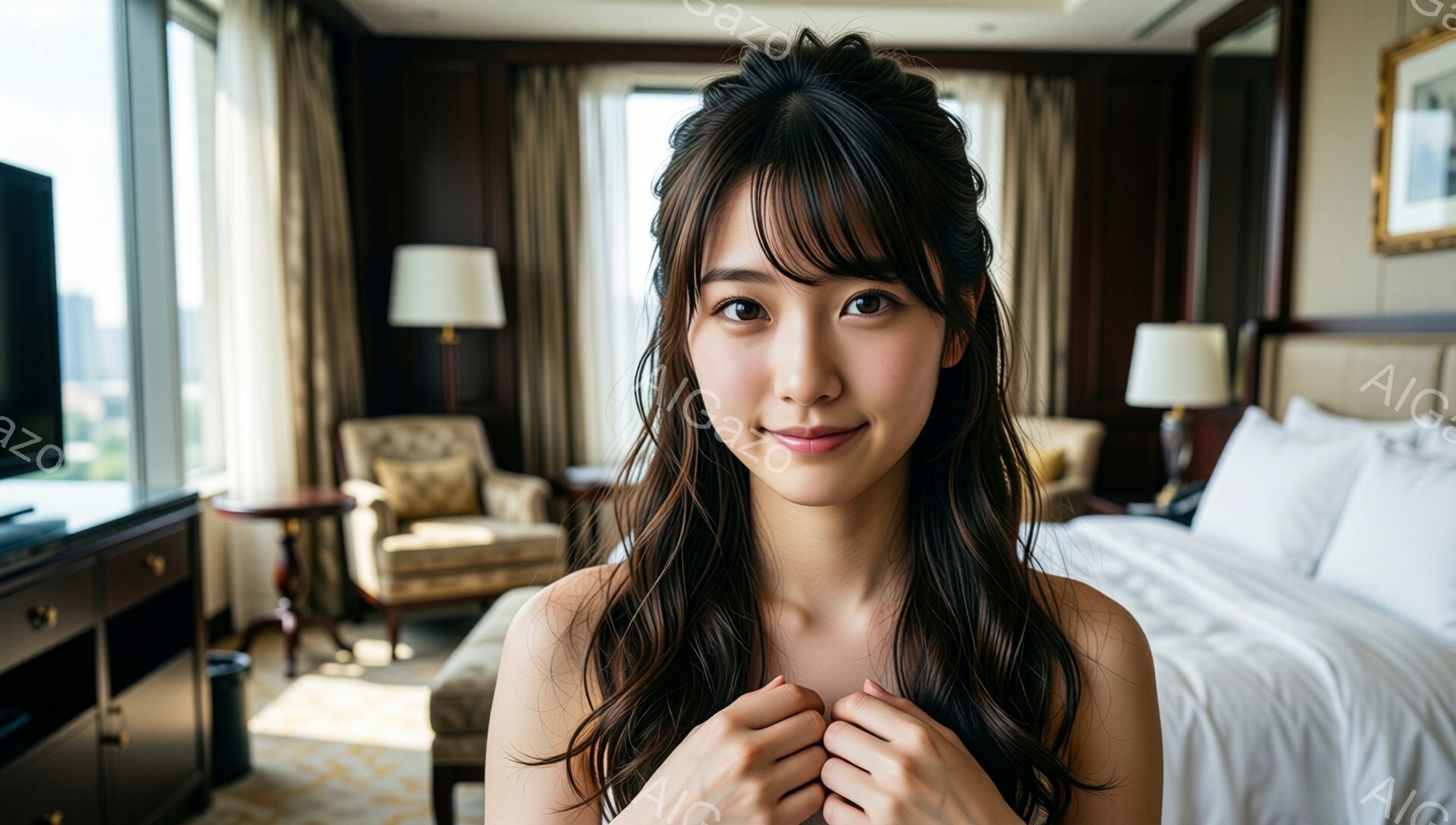 明るい室内で、女性がカメラに向かって微笑んでいます。彼女は肩出しのトップスを着ており、髪はハーフアップにして、顔周りに自然なカールがかかっています。背景には、豪華なベッドと椅子、そして大きな窓から見える街並みが見え、全体的に温かく上品な雰囲気が漂っています。