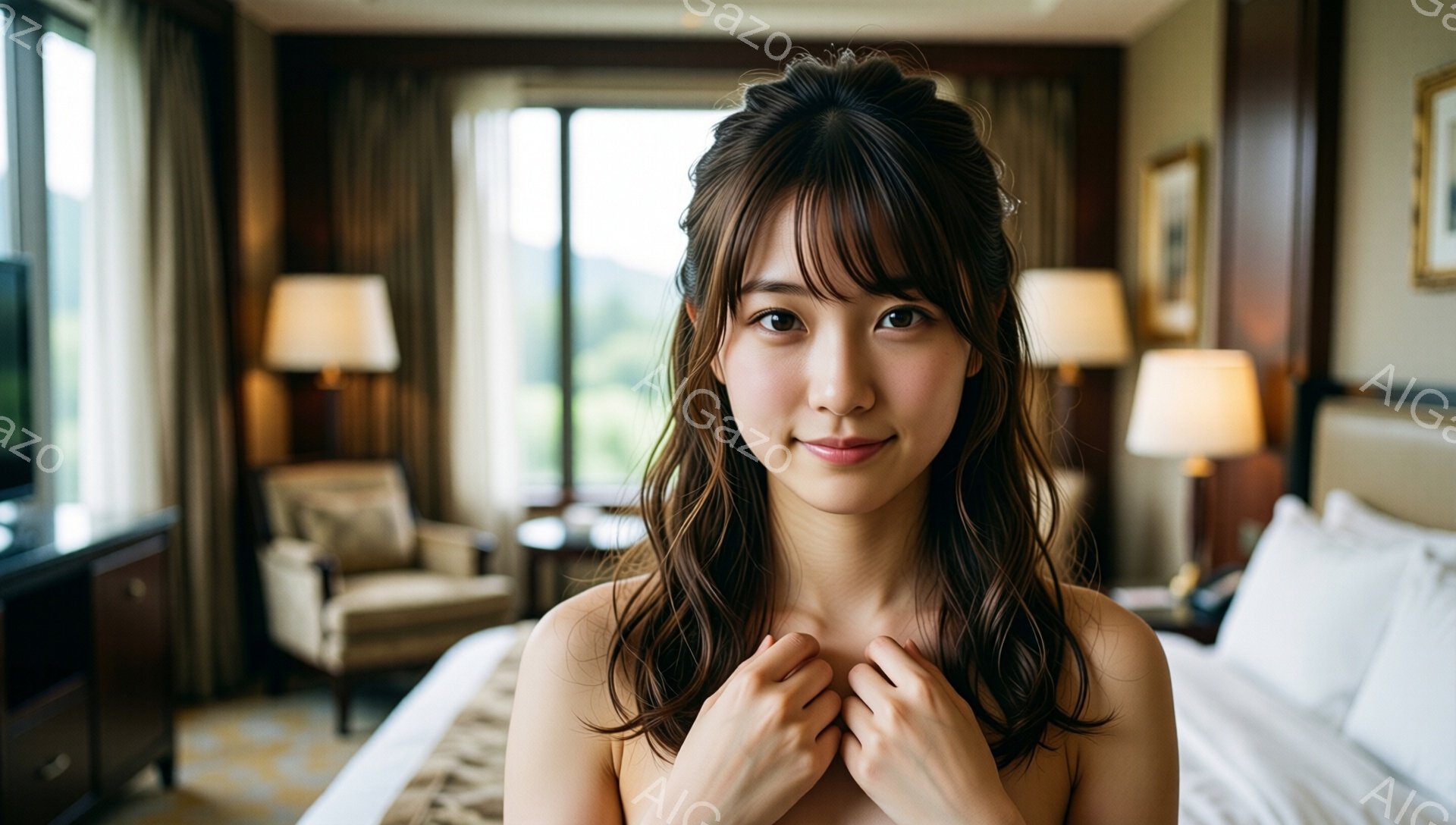 明るい室内で、肩を露出した女性が微笑んでいます。彼女はゆるいウェーブヘアで、前髪が少し目にかかっています。背景には、ベージュとゴールドの落ち着いたトーンのベッドルーム、そして窓から見える緑豊かな風景が見えます。