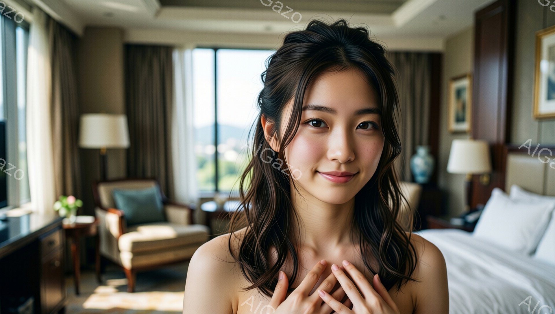 若い女性が微笑みながらカメラを見つめています。彼女は肩出しの服装で、ゆるいウェーブのかかった髪が肩にかかっています。背景には、明るい自然光が入る豪華なホテルルームがあり、ベッドや椅子が見えます。