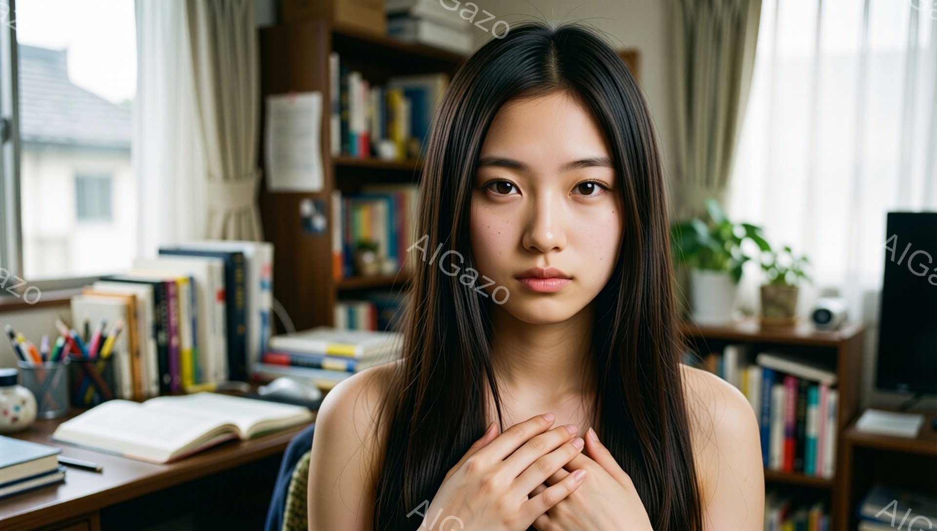 長い黒髪をなびかせた若い女性が、胸の前で両手を組んでこちらを見つめている。背景には本棚が並び、勉強机の上には本や文房具が置かれている、室内で撮影された写真のようだ。全体的に落ち着いた雰囲気で、女性の憂いを帯びた表情が印象的だ。