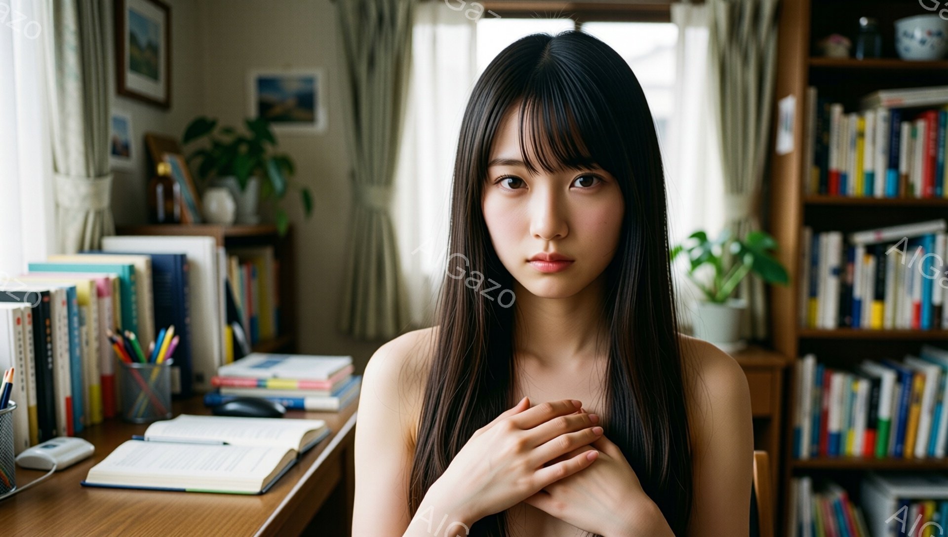 長い黒髪を肩で覆い、赤いリップが印象的な若い女性が写っている。彼女は胸の前で両手を組み、わずかに下を向いた表情で、どこか憂いを帯びた雰囲気を醸し出している。背景には本棚が並び、机の上には本や文房具が置かれ、部屋全体が落ち着いた学習空間を思わせる。