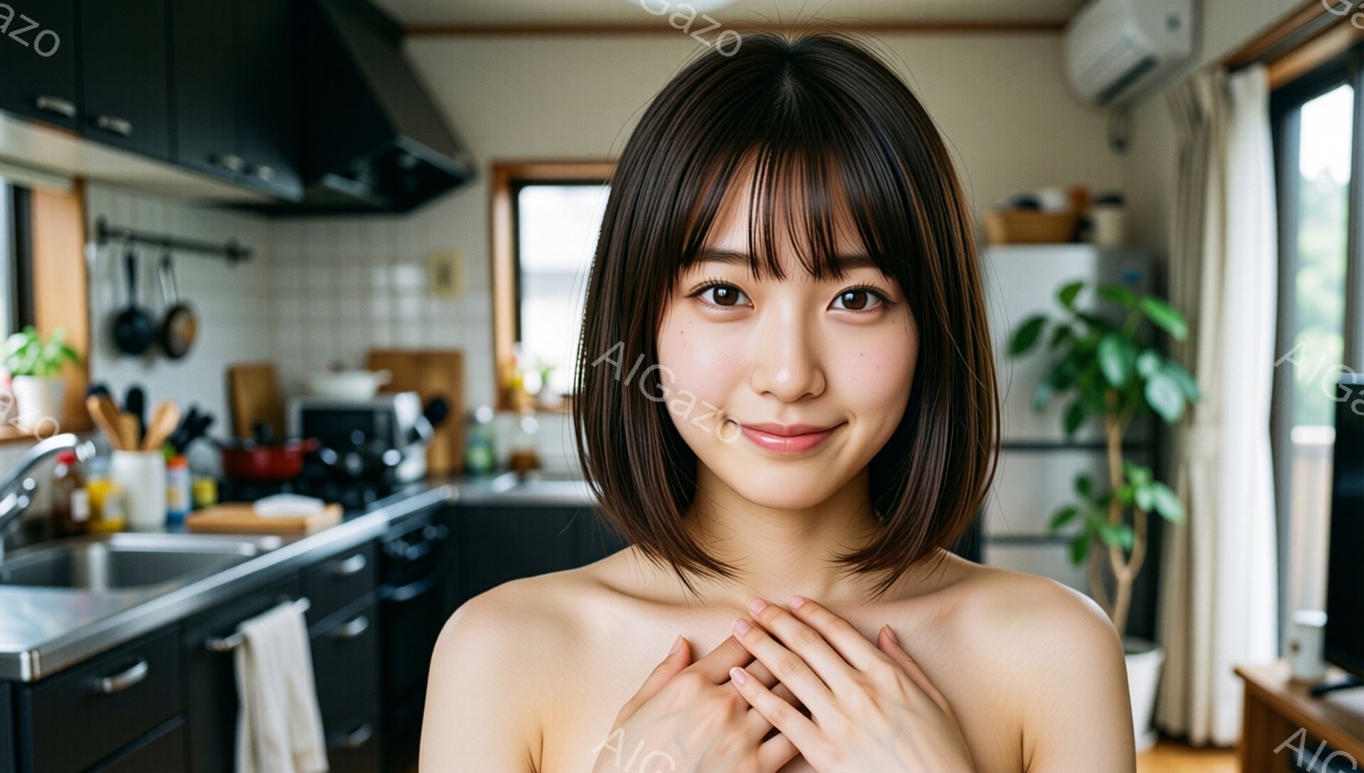 こちらの画像は、肩出しの女性が微笑みながらカメラを見つめている様子を捉えたものです。彼女はダークブラウンのショートボブヘアで、顔の前で両手を胸に当てています。背景はキッチンで、調理器具や冷蔵庫が見え、窓から自然光が差し込んでいます。