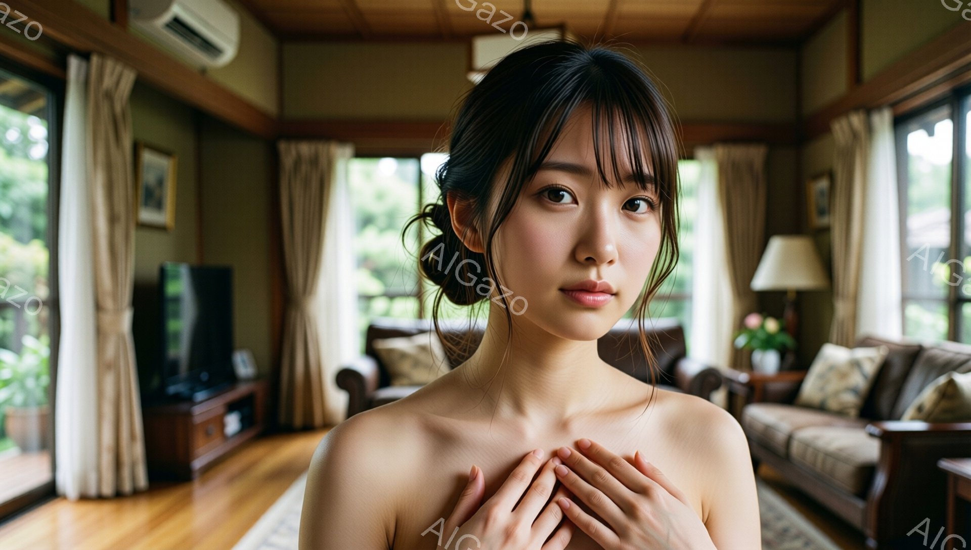 長い黒髪を後ろでまとめた若い女性が、上半身をあらわにして正面を見つめています。彼女は両手を胸の前で重ね、どこか憂いを帯びた表情を浮かべています。背景は明るいリビングルームで、窓からは緑豊かな庭園が見え、落ち着いた雰囲気です。