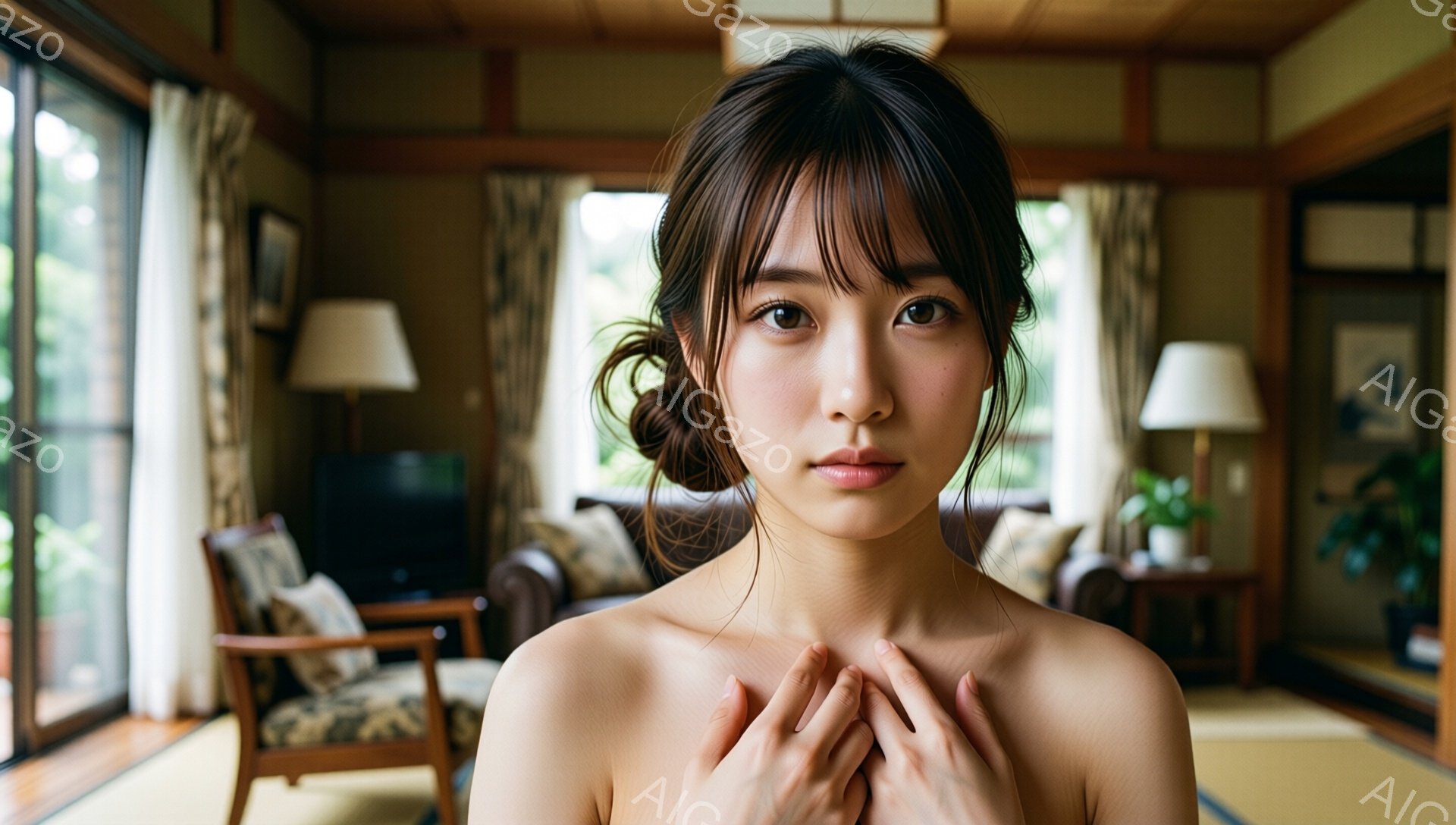 若い女性が正面を向き、肩を露出した状態で微笑んでいます。彼女はダークブラウンのヘアスタイルで、前髪が少しサイドに流れています。背景は日本の伝統的なリビングルームで、畳、木製の家具、そして窓の外には緑豊かな植物が見えます。