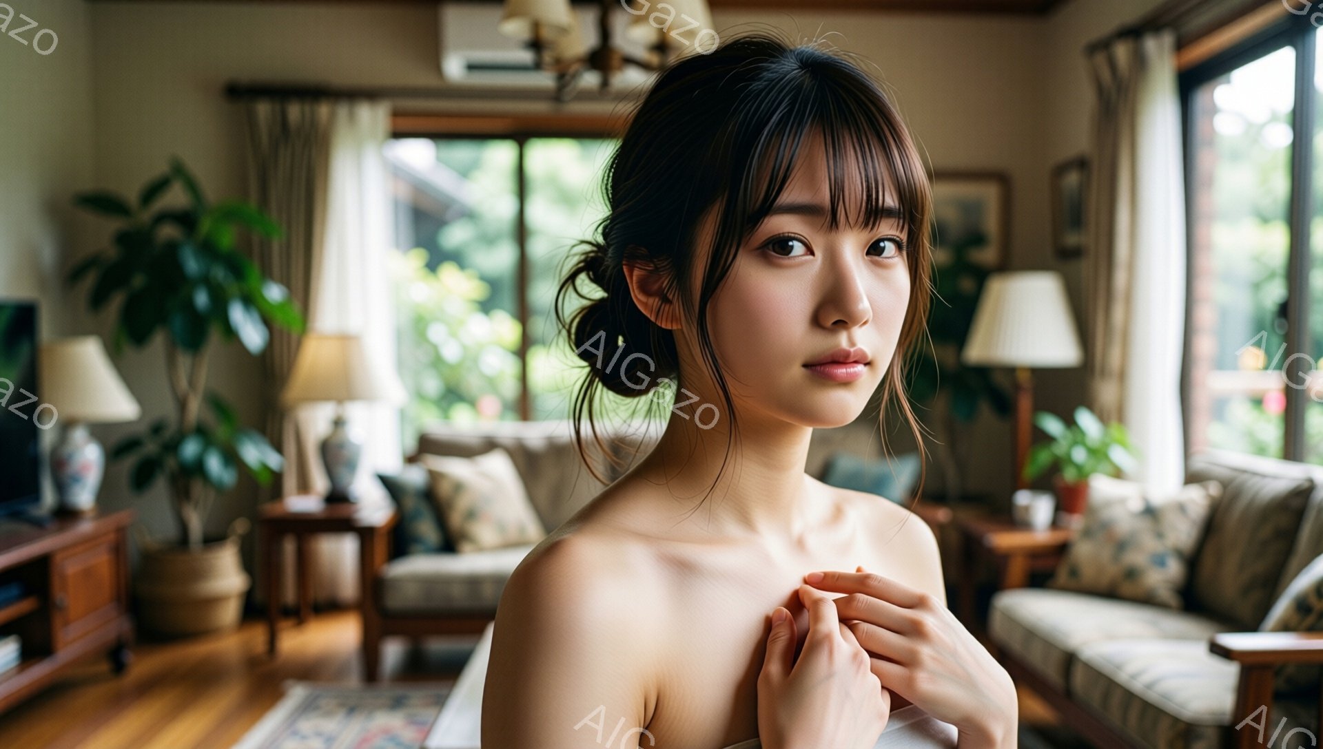 長い前髪とゆるいアップスタイルで、女性がこちらを見つめています。彼女は上半身に何も着ていませんが、両手を胸の前で組み、控えめな表情をしています。背景は、木製の床と家具、そして窓から見える緑豊かな庭がある、明るく居心地の良いリビングルームです。