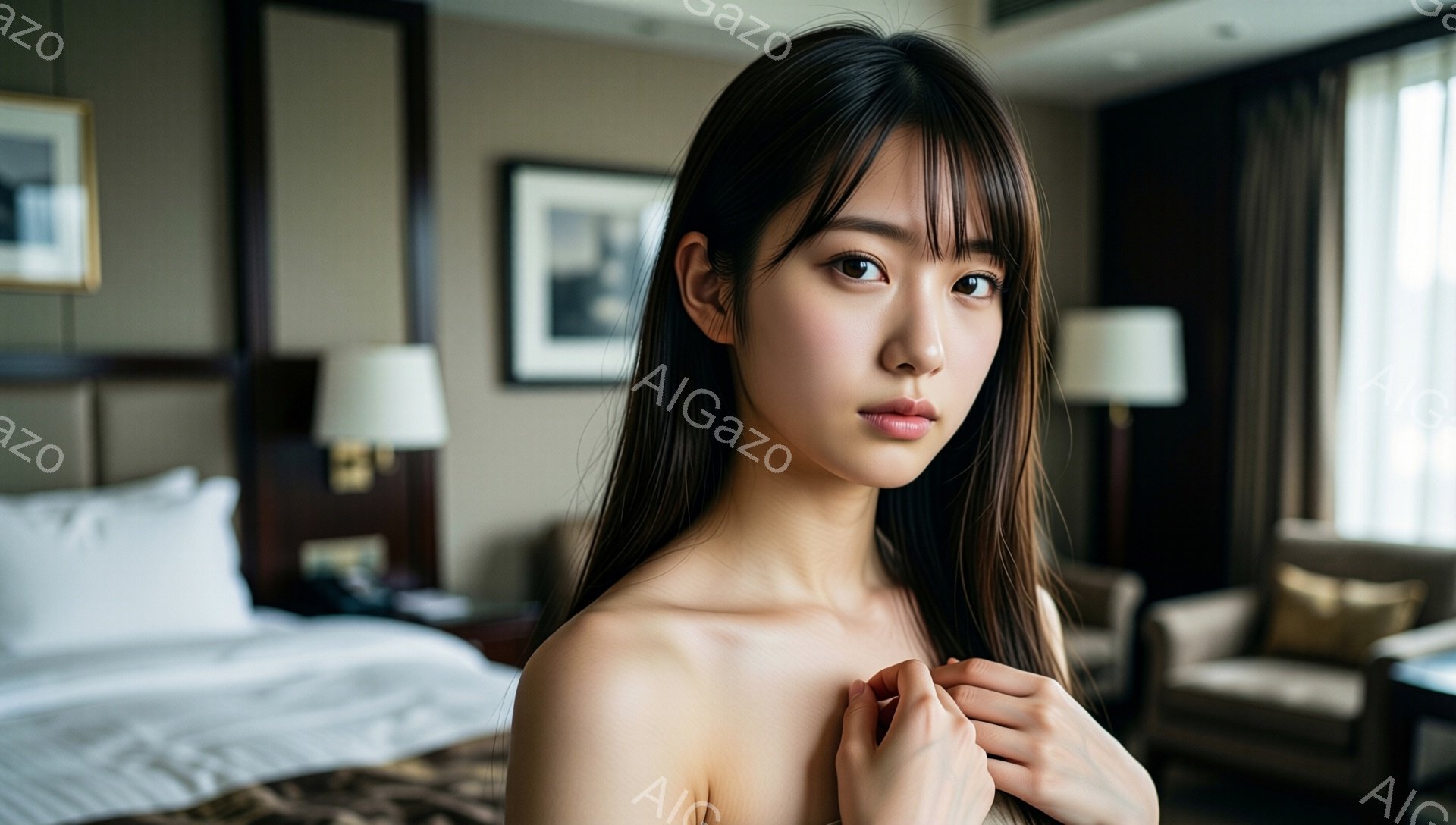 長い黒髪の女性が、肩を抱え、少し寂しげな表情で正面を見つめています。背景には、白いベッドと装飾が施された壁、そして窓から差し込む光が見え、ホテルの部屋のようにも見えます。全体的に、落ち着いた雰囲気で、どこか憂いを帯びた美しいポートレートです。