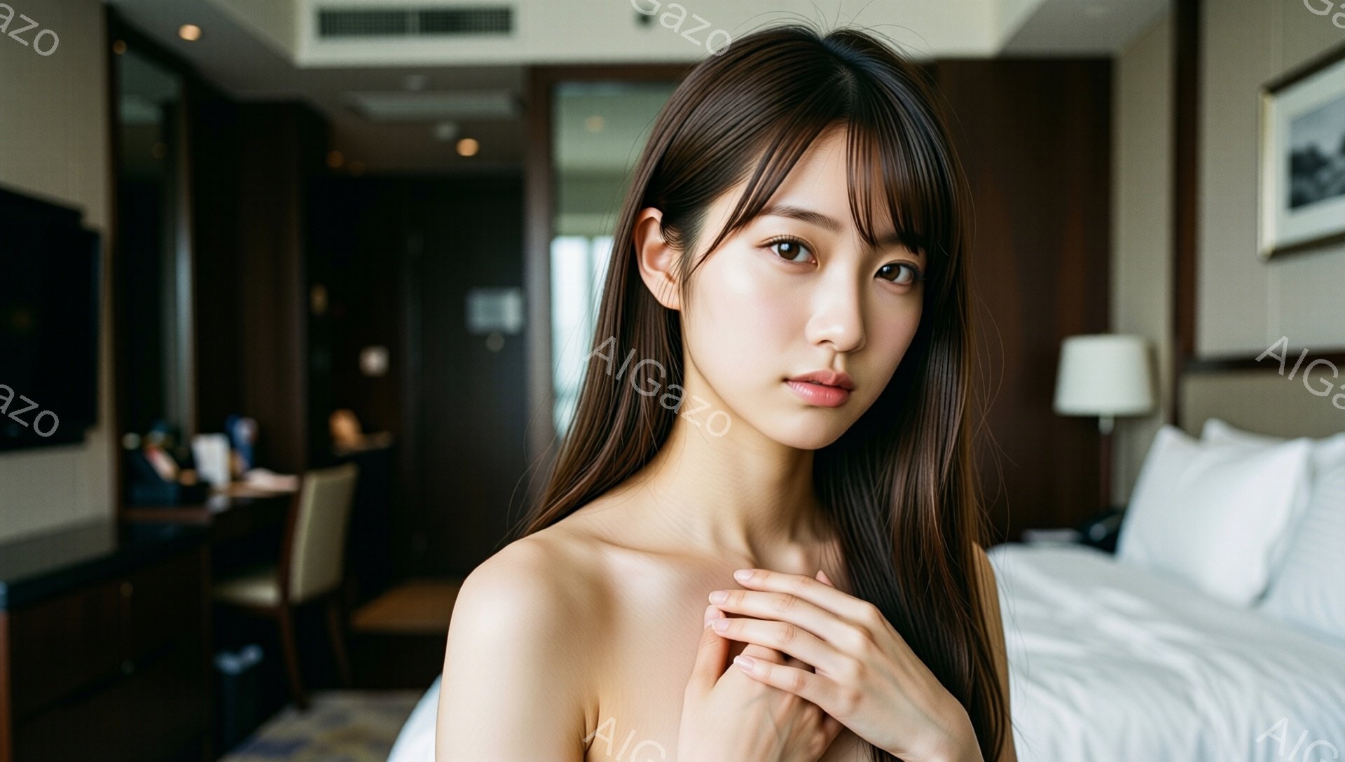 長い黒髪で、前髪が目の上にかかるヘアスタイルをした若い女性が写っています。彼女は白いベッドに座り、両手を胸の前で重ねて微笑んでいます。背景には、木製の家具と間接照明があり、ホテルの部屋のような落ち着いた雰囲気です。