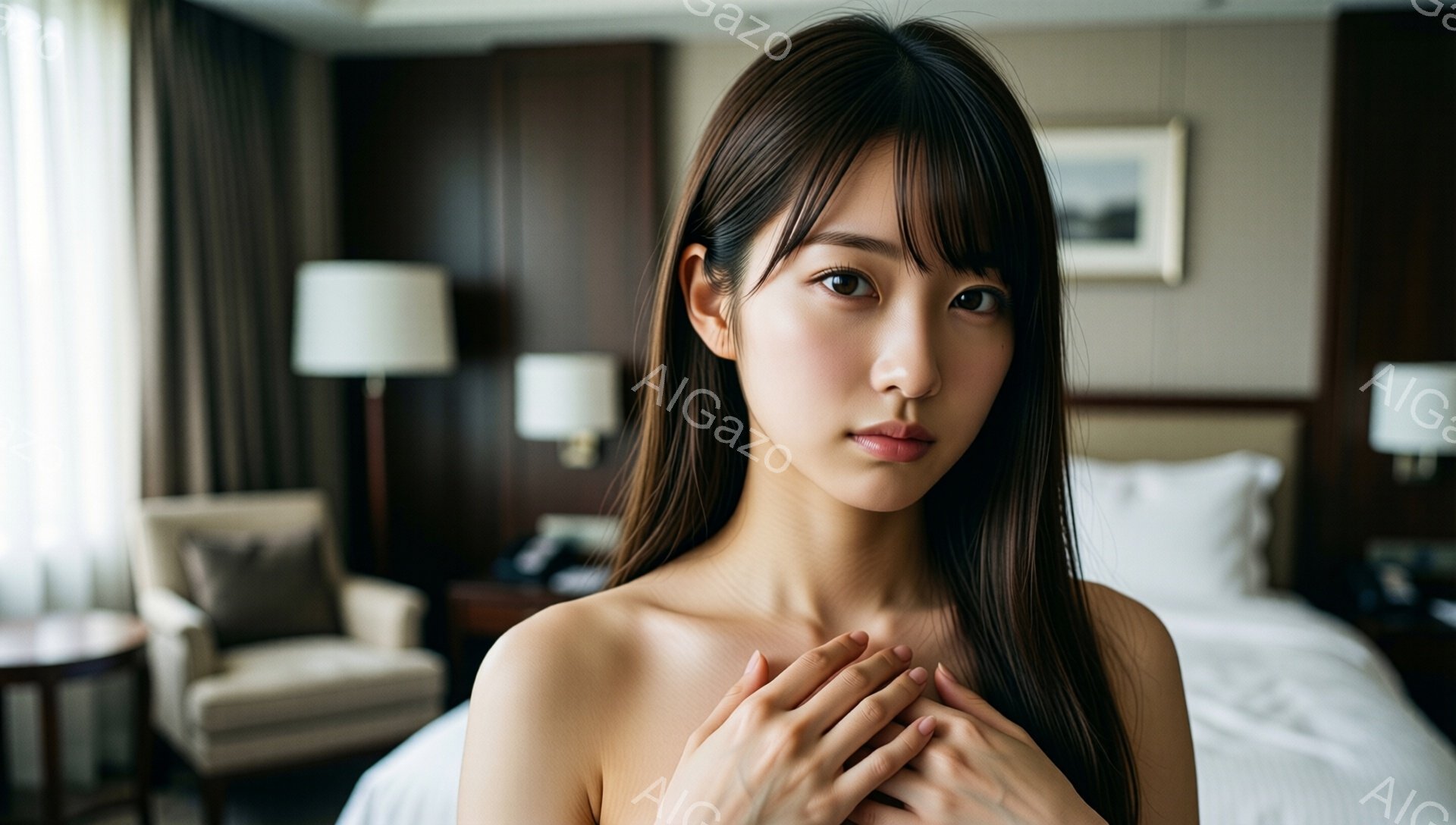 長い黒髪をなびかせ、白いベッドに座る女性が描かれています。彼女は上半身を裸にし、両手を胸の前で組み、落ち着いた表情を浮かべています。背景には、ベージュと茶色の落ち着いた色調の部屋が広がり、椅子やテーブル、そして額縁に入った絵が置かれています。