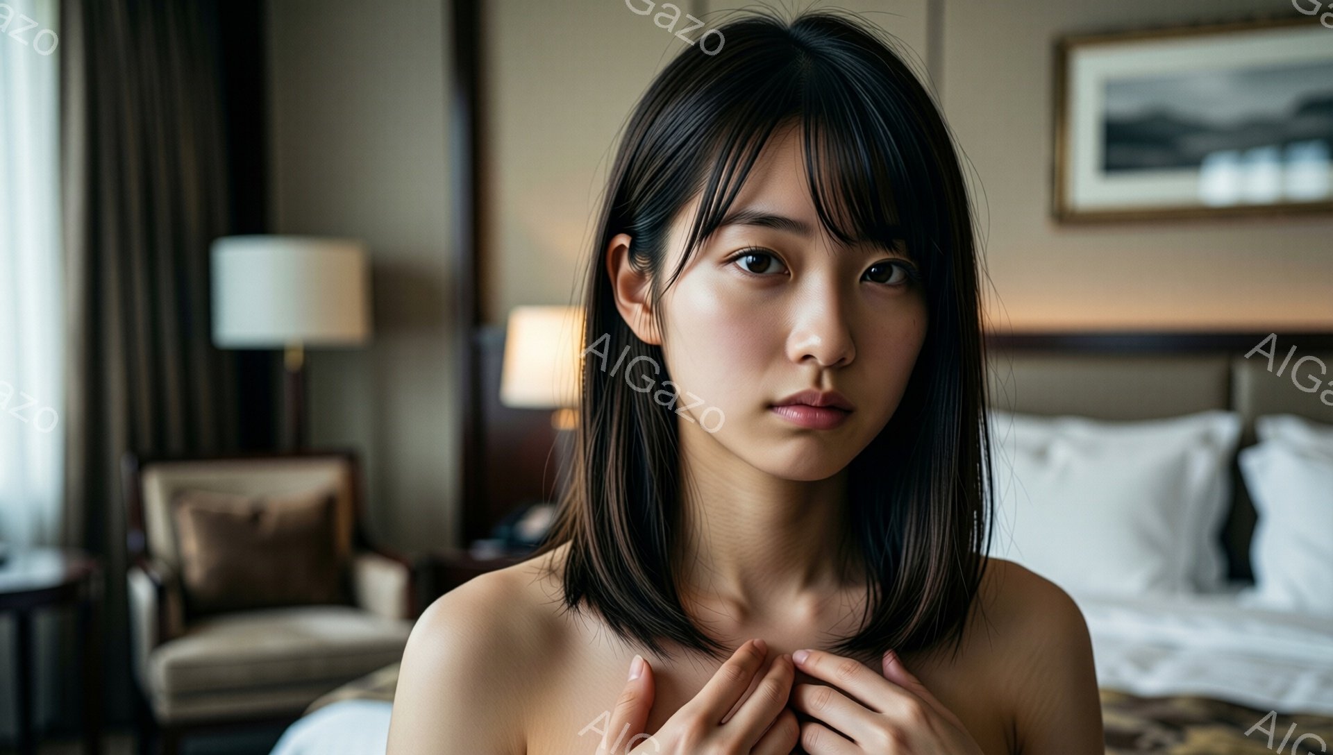 この女性は肩出しの状態で、両手を胸の前で組んでいます。黒髪のストレートヘアは肩にかかり、顔色は白く、少し憂いを帯びた表情をしています。背景には白とベージュのベッド、椅子、そして壁に飾られた絵画が見え、 - AI生成フリー素材