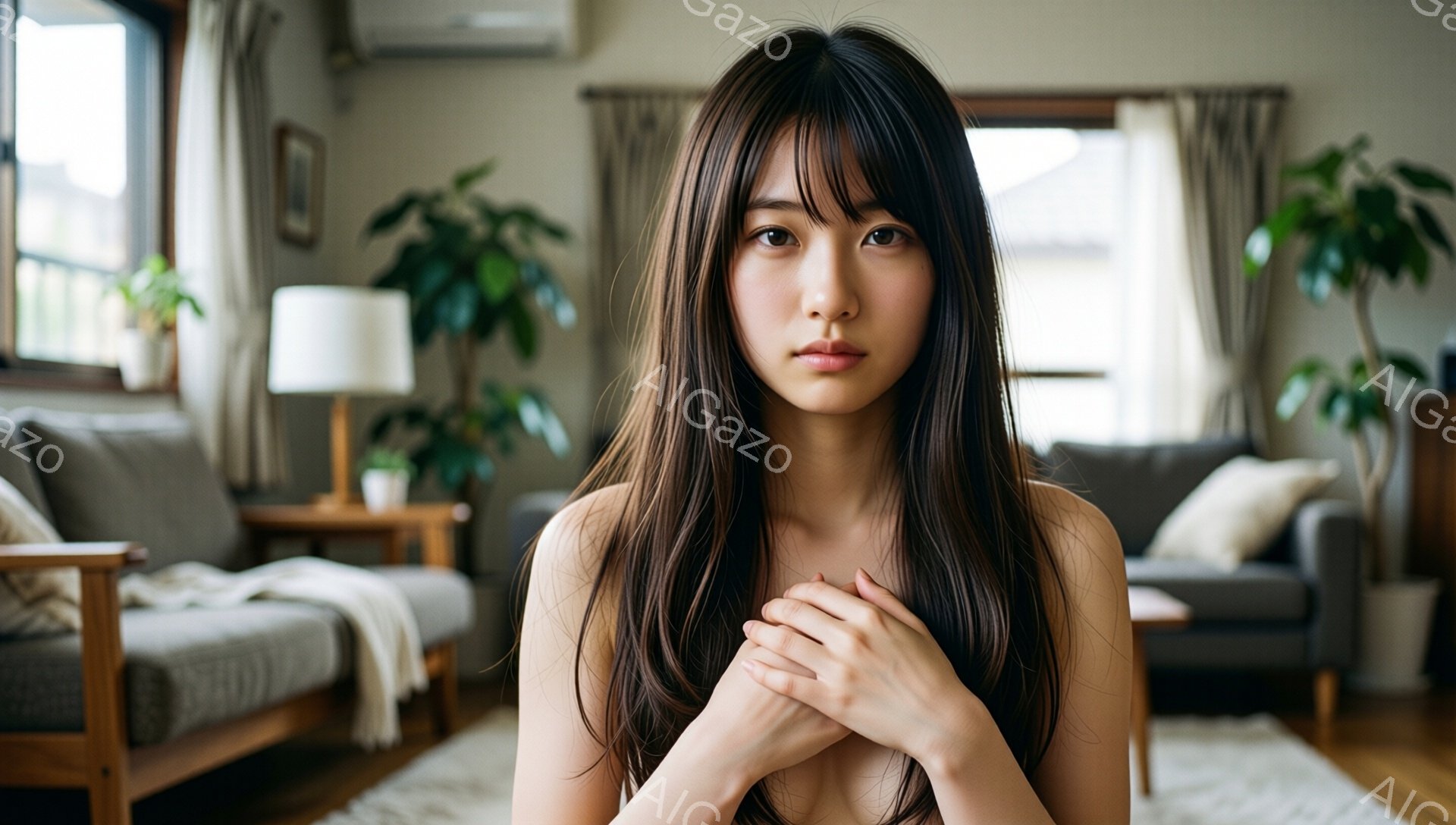 長い黒髪の女性が、膝を抱えて座り、両手を胸の前で組み合わせています。背景には、グレーのソファ、木製のサイドテーブル、観葉植物が置かれたリビングルームが見えます。全体的に、穏やかで内省的な雰囲気が漂っています。