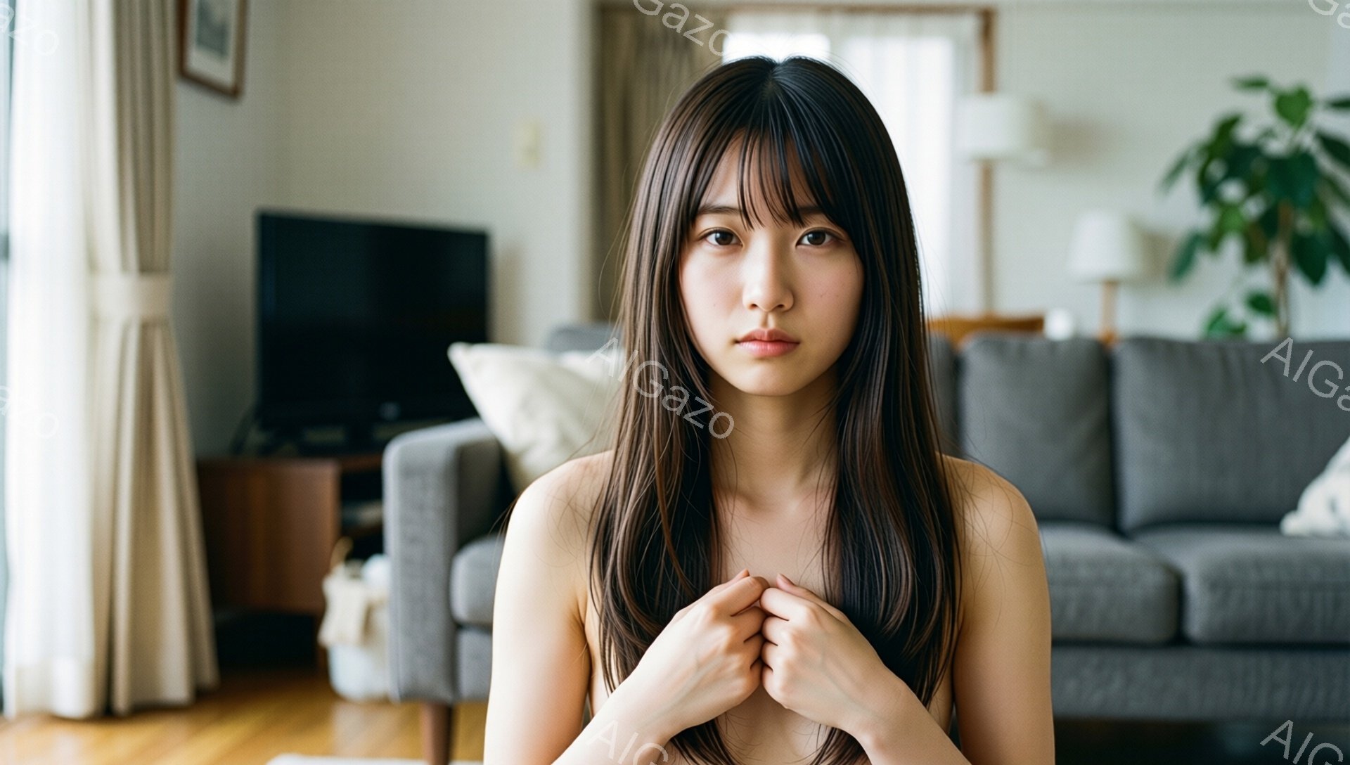 長い黒髪の女性が、ベージュ色の部屋で両腕を胸の前で抱え込んでいる。彼女は薄い化粧をしており、少し憂いを帯びた表情をしている。背景には、灰色のソファ、テレビ、観葉植物が見え、室内は暖かく穏やかな雰囲気である。