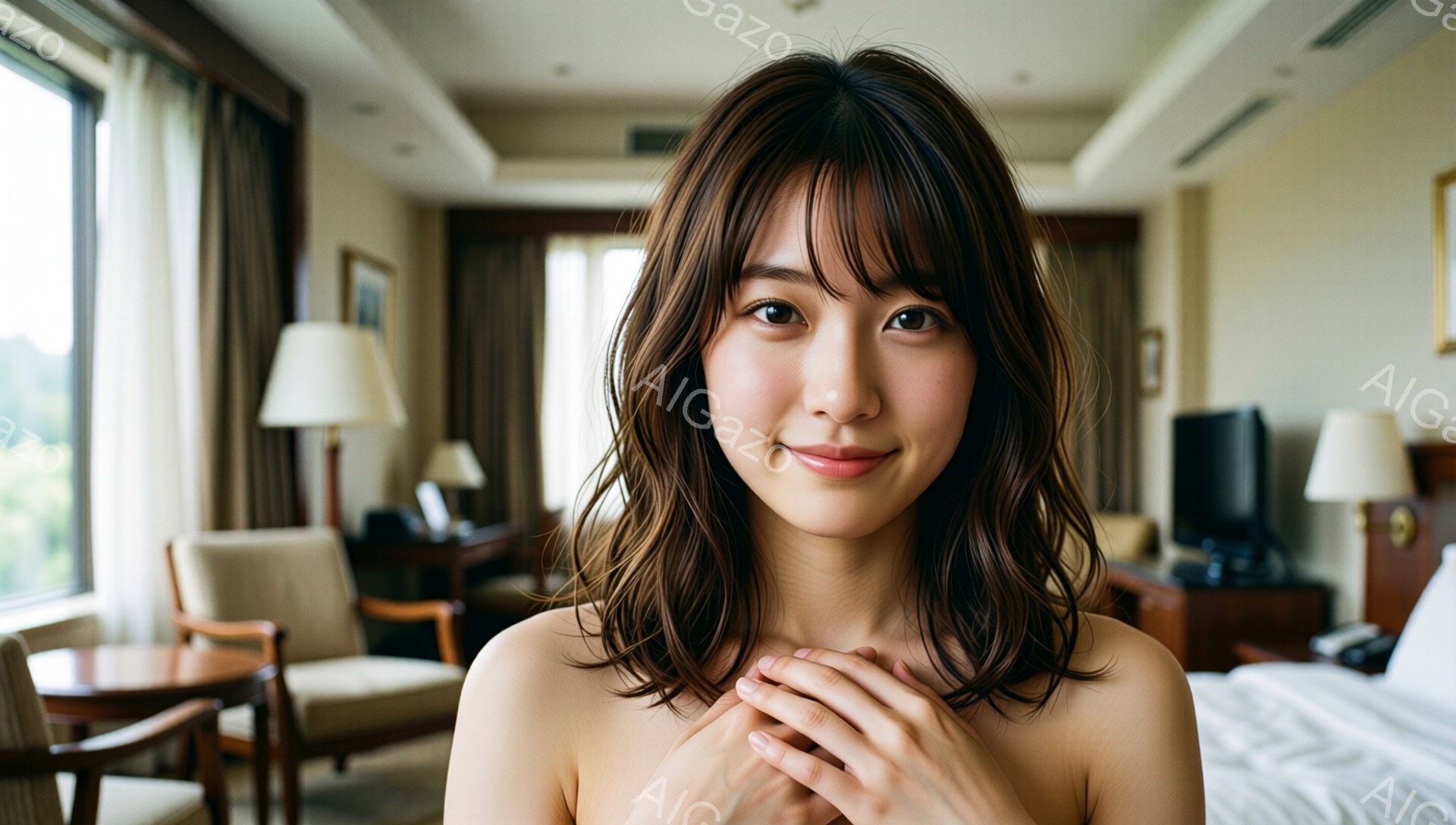 明るい室内で、茶色の髪を肩まで伸ばした若い女性が写っている。彼女は肩を抱き、微笑んでおり、表情は穏やかで親しみやすい。背景には、窓からの自然光が入る客室の家具やベッドが見え、全体的に暖かくリラックスした雰囲気である。