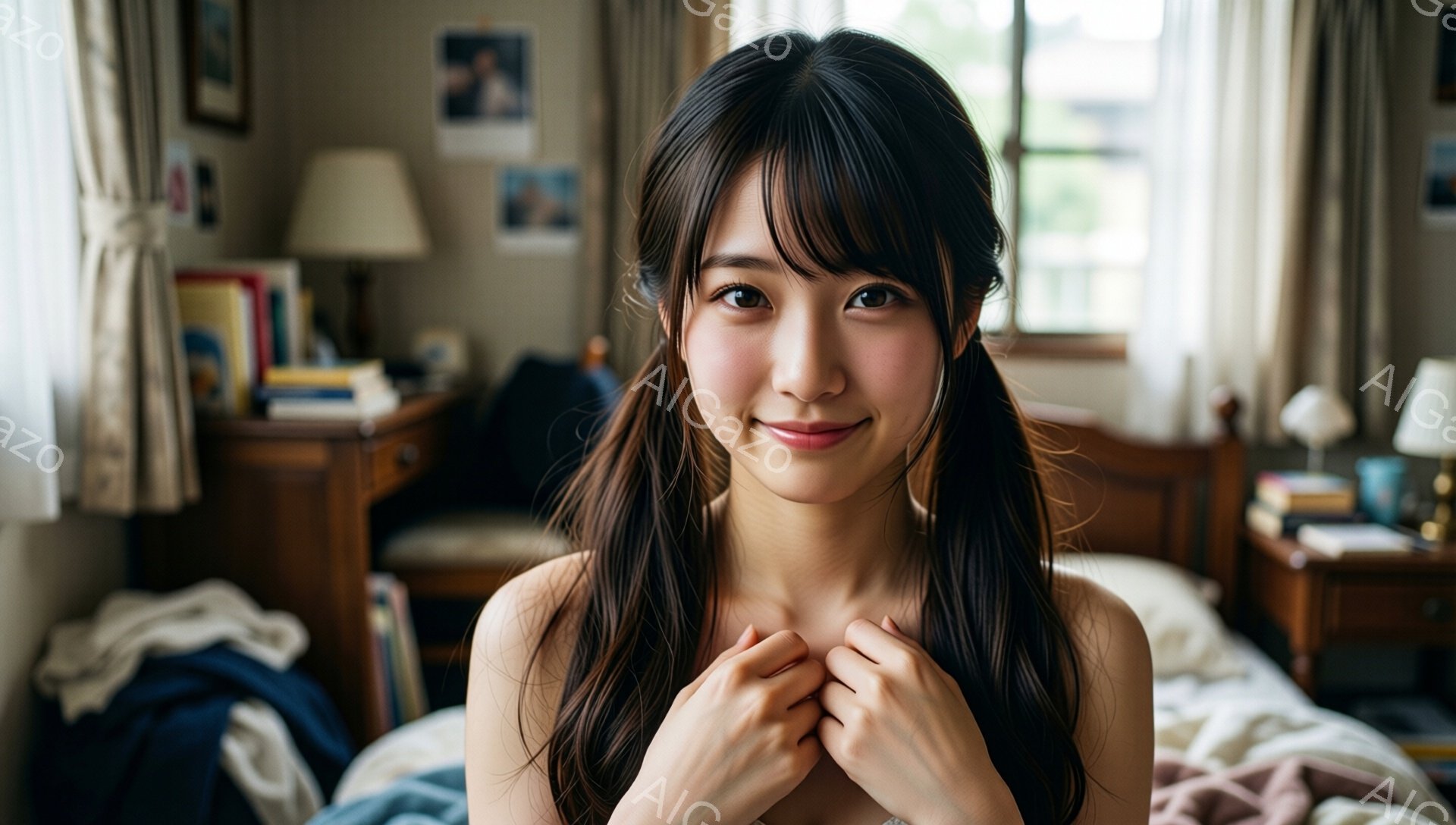 長い黒髪で、前髪が眉毛にかかる女性が写っています。彼女は薄いピンク色のニットのようなものを着ており、両手で胸の前を抱きしめるようなポーズをしています。背景には、本棚やランプのある寝室が見え、柔らかい光が差し込んでおり、リラックスした雰囲気が漂っています。