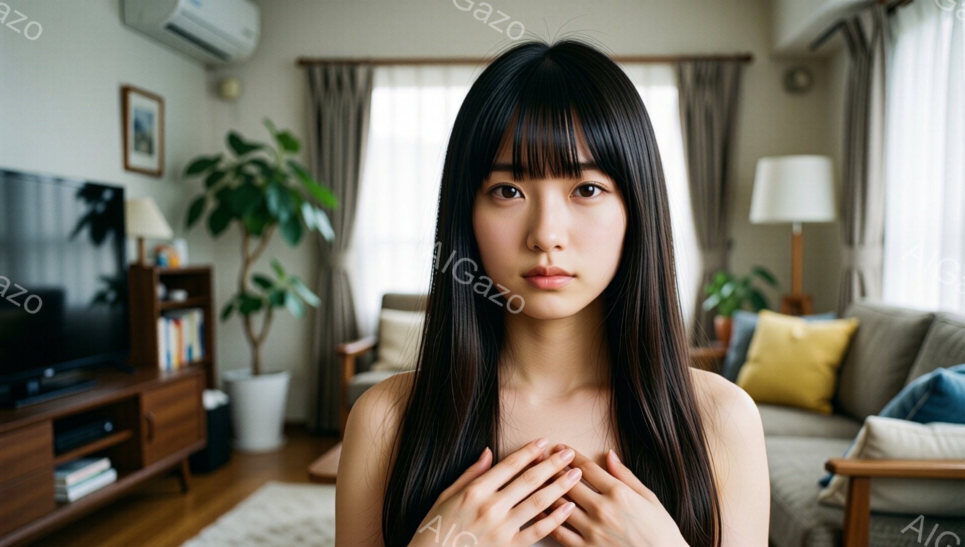 長い黒髪の女性が、胸の前で両手を重ねています。彼女は薄いメイクで、穏やかで少し悲しげな表情をしています。背景にはリビングルームがあり、ソファ、観葉植物、テレビ台などが配置され、暖かく落ち着いた雰囲気で - AI生成フリー素材