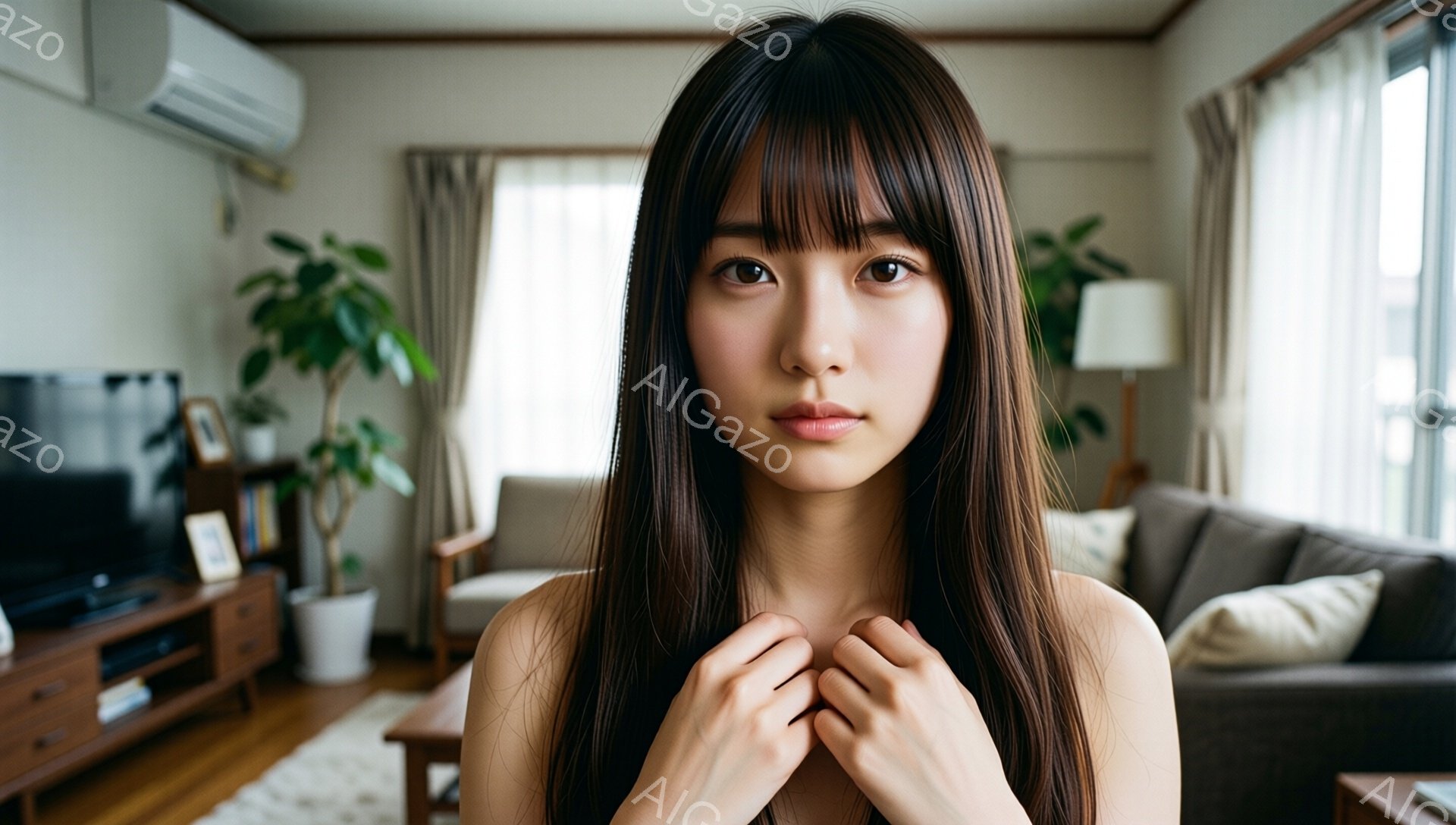 長い黒髪で、前髪が目の上にかかる女性が写っている。彼女は肩を抱きしめるように両腕を丸め、少し寂しげな表情をしている。背景には明るいリビングルームがあり、ソファー、木製のキャビネット、そして観葉植物が見 - AI生成フリー素材