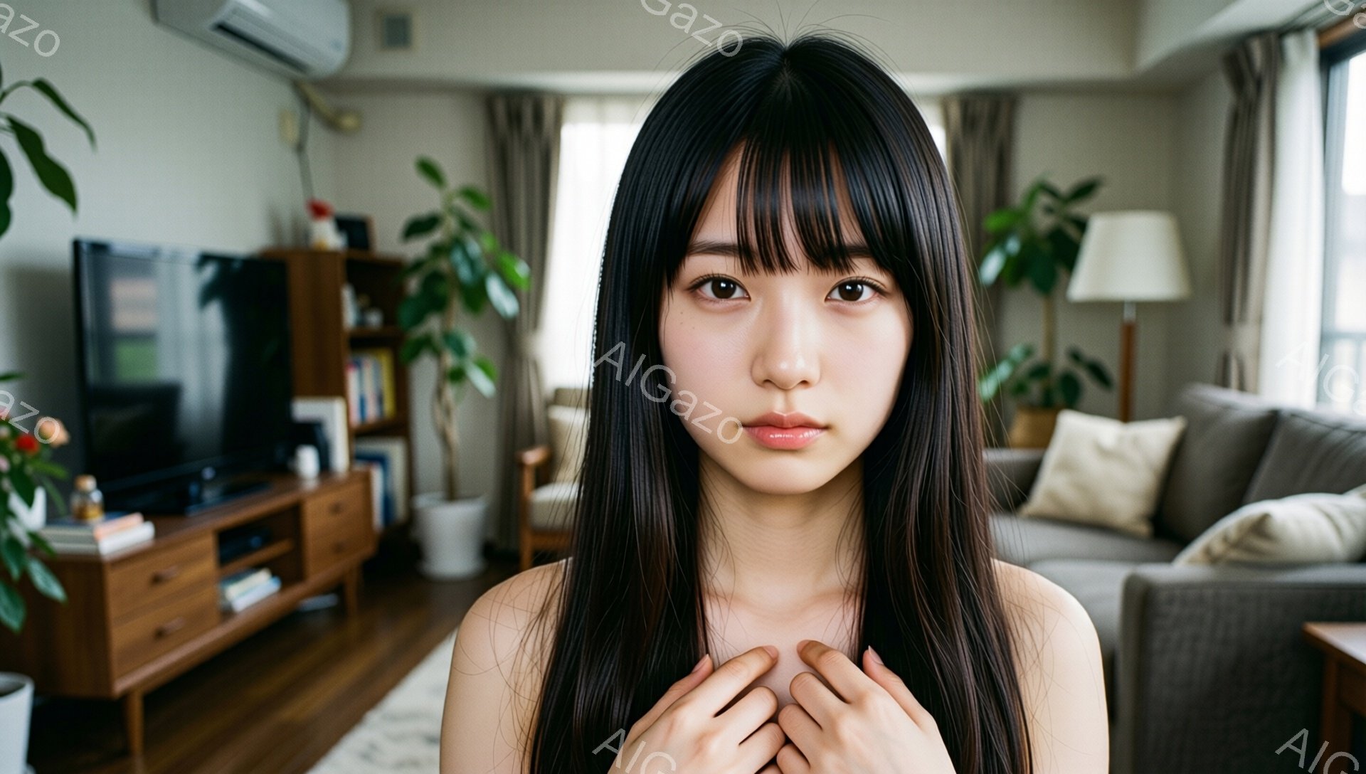 長い黒髪で前髪が目の上まで伸びている女性が、胸の前で両手を組んで立っている。彼女は肩出しのトップスを着ており、穏やかで少し憂いを帯びた表情をしている。背景にはリビングルームがあり、テレビ台、ソファ、観葉植物などが配置され、全体的に落ち着いた雰囲気である。