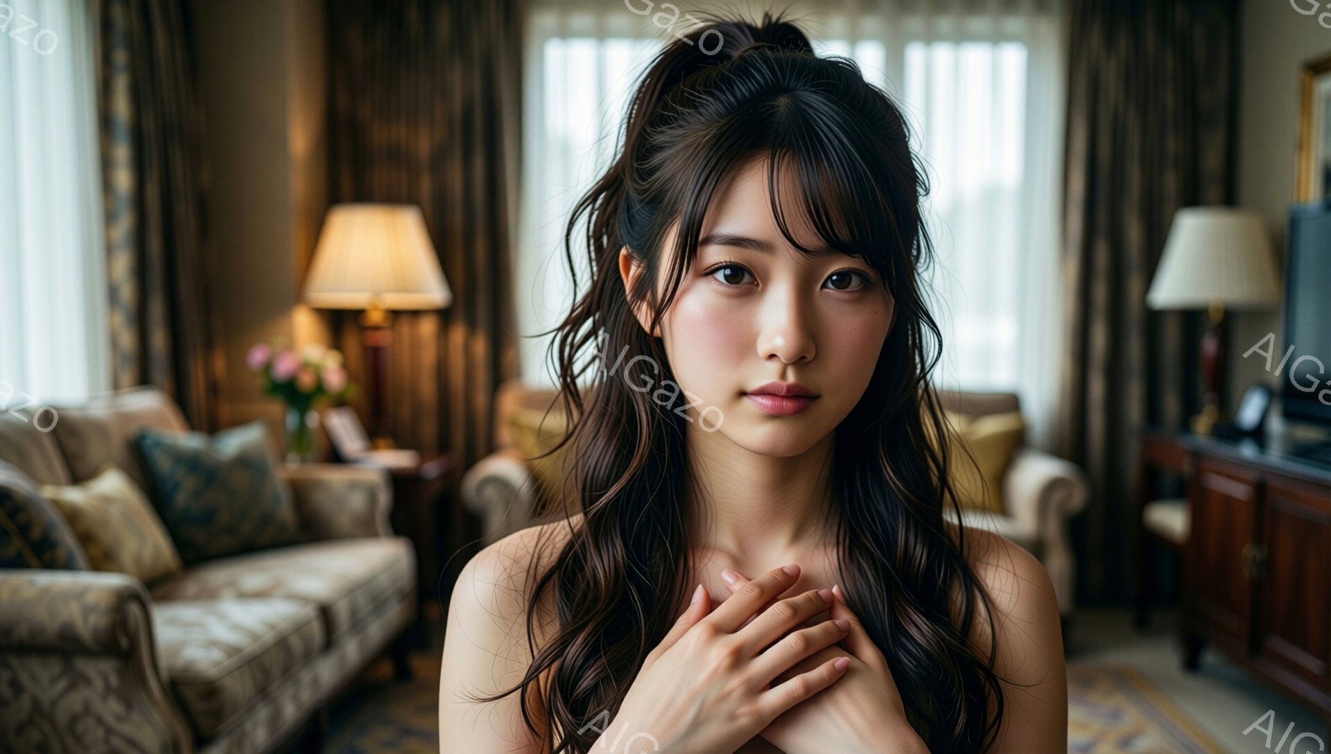 長い黒髪をハーフアップにした若い女性が、胸の前で手を組んでこちらを見つめています。彼女は肩出しの服装で、優しい微笑みを浮かべており、背景にはクリーム色のソファと調度品が置かれた明るいリビングルームが見 - AI生成フリー素材