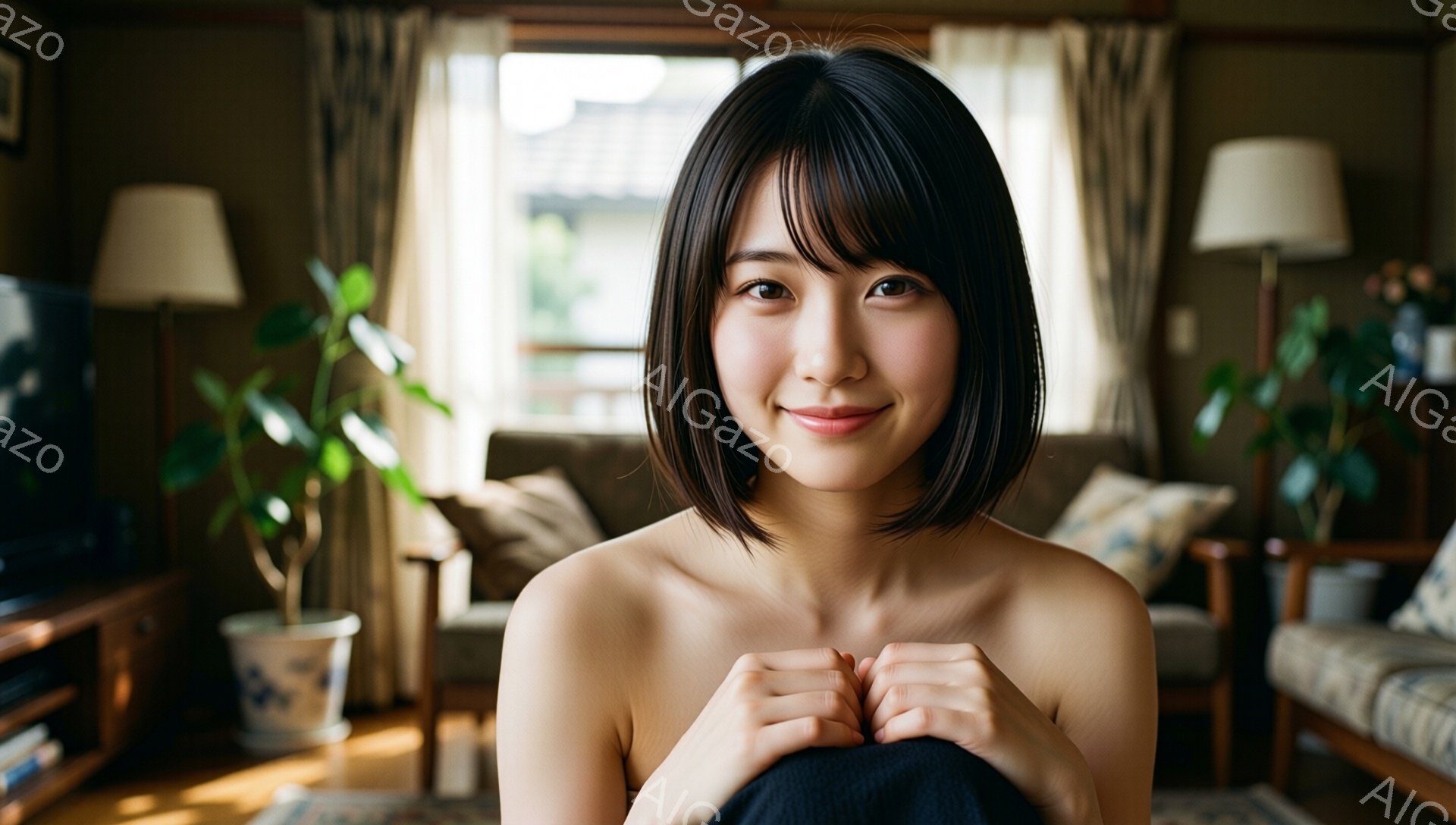 短い黒髪の女性が、室内で両腕を抱えて微笑んでいます。彼女は上半身に何も着ていませんが、下半身は黒い服を着ています。背景には、窓から差し込む光、ソファ、植物、そして少し見える建物の屋根が見え、暖かく穏やかな雰囲気が漂っています。