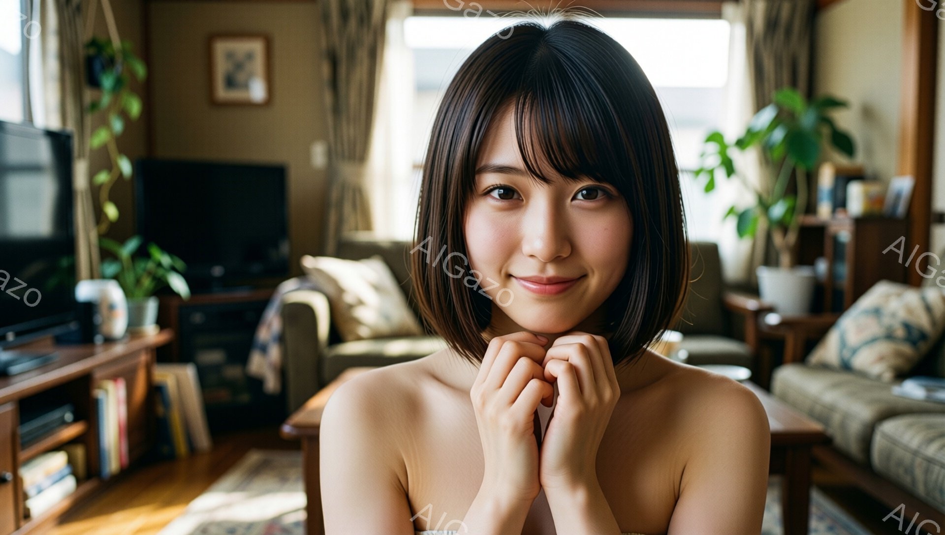 ショートヘアの女性が、顔の前で両手を組み、穏やかな微笑みを浮かべている。背景はリビングルームで、木製の棚やソファ、観葉植物が見え、暖かく家庭的な雰囲気が漂っている。自然光が差し込み、明るく穏やかな印象 - AI生成フリー素材