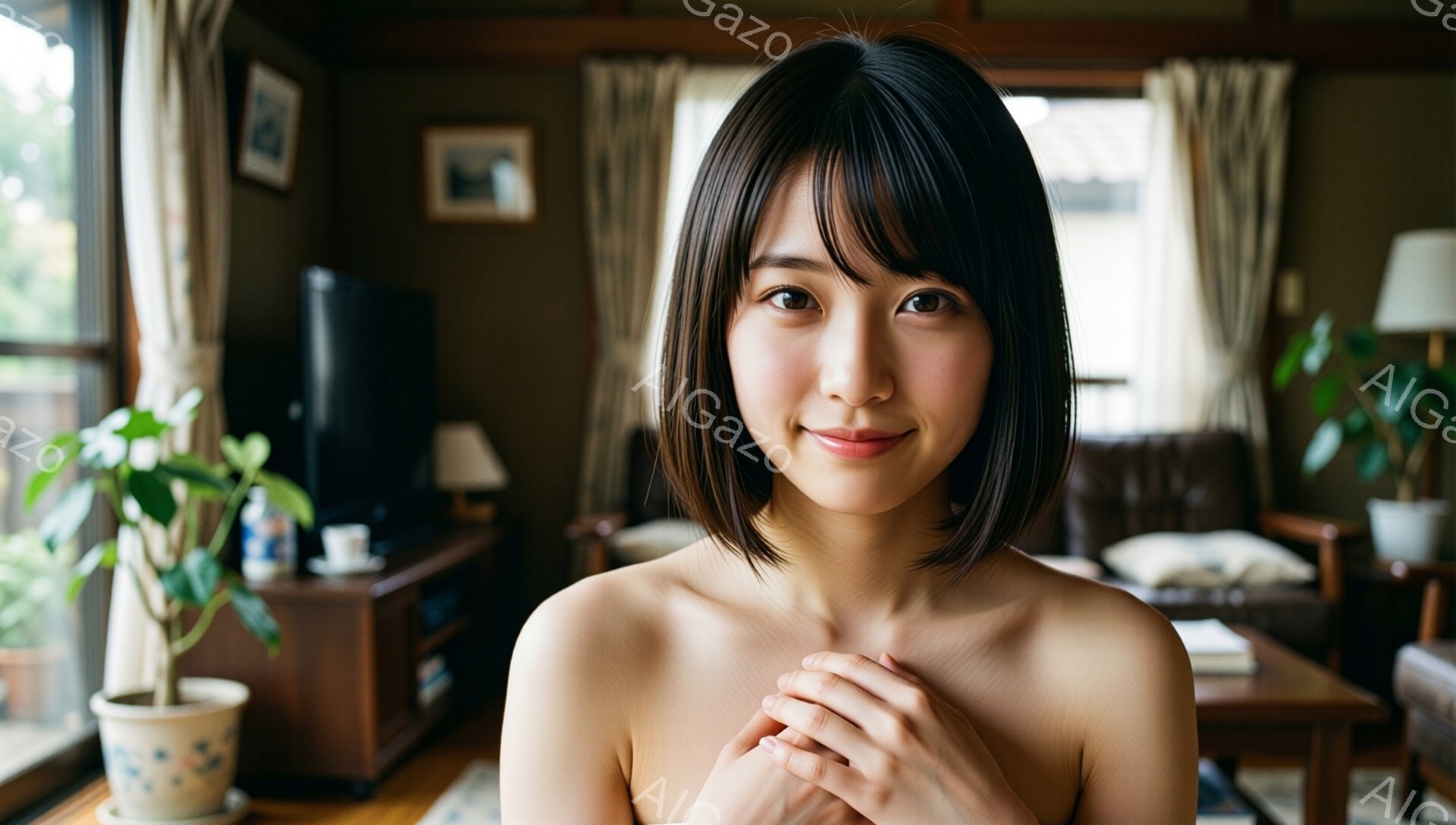 ショートヘアの女性が、室内で両手を胸の前で組んで微笑んでいます。彼女は肩出しの服装で、背景には茶色のソファや木製の家具、窓から差し込む自然光が見えます。全体的に、温かくリラックスした雰囲気です。 - AI生成フリー素材