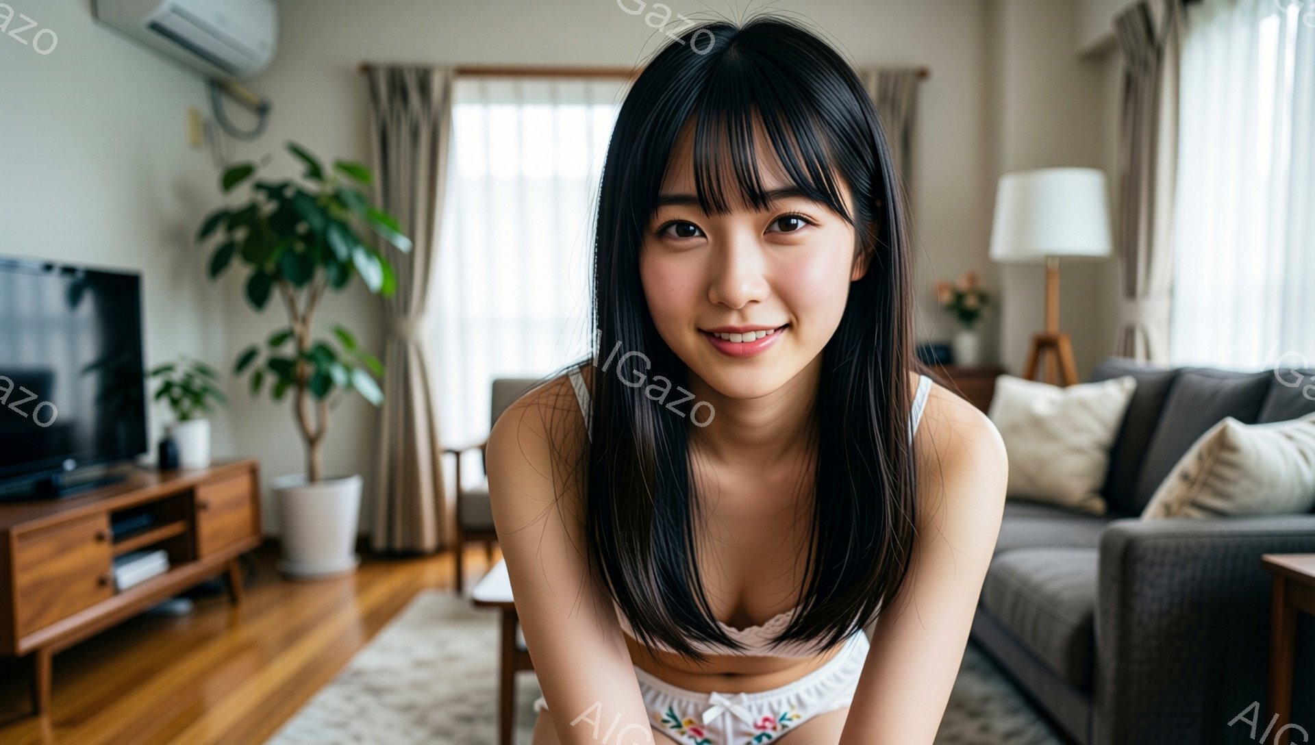 黒髪の女性が、明るいリビングで微笑んでいます。彼女はレースと花柄のブラレットのみを着用し、少し俯瞰で膝を抱え、カメラの方を見ています。背景には木製のテレビ台、ソファー、観葉植物があり、温かく穏やかな家庭的な雰囲気が漂っています。