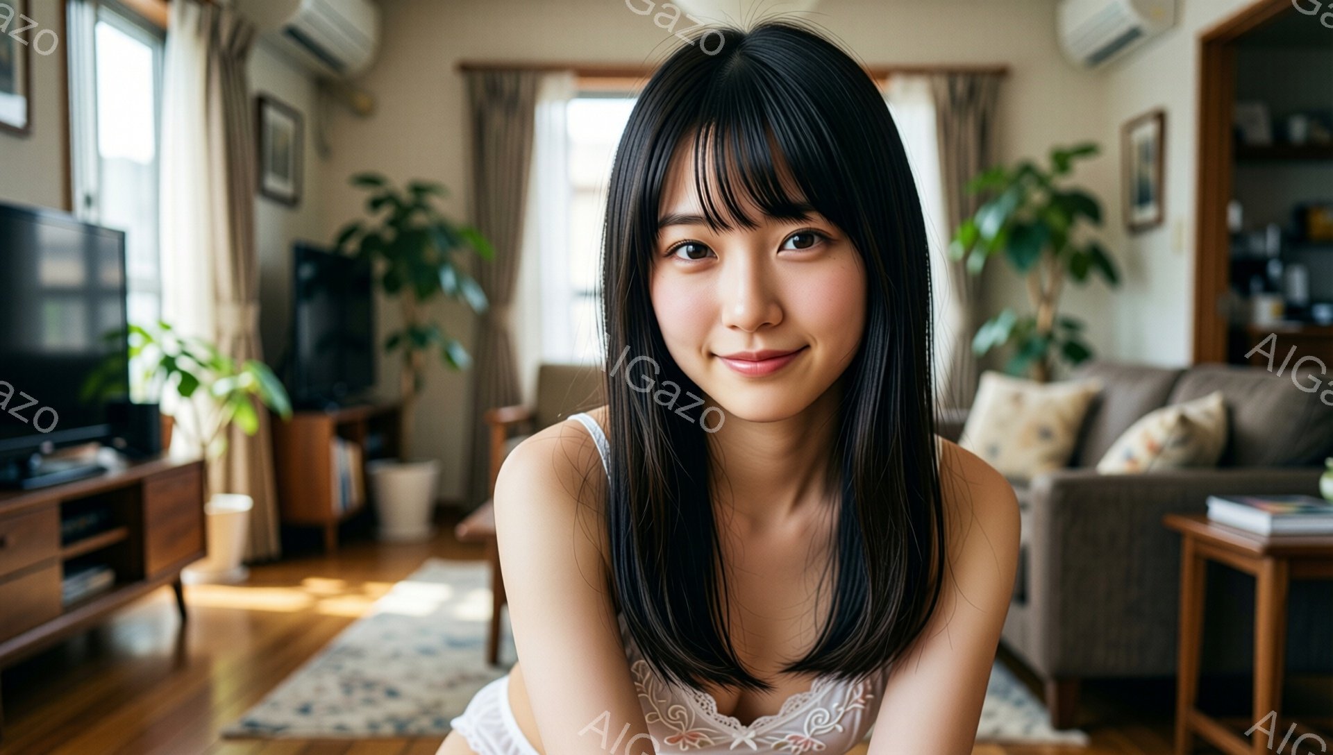 長い黒髪で前髪が目の上まである女性が写っています。白いレースのキャミソールを着ており、穏やかな笑顔を浮かべています。背景はリビングルームで、木製の家具、ソファ、そして窓から差し込む自然光があり、温かく - AI生成フリー素材