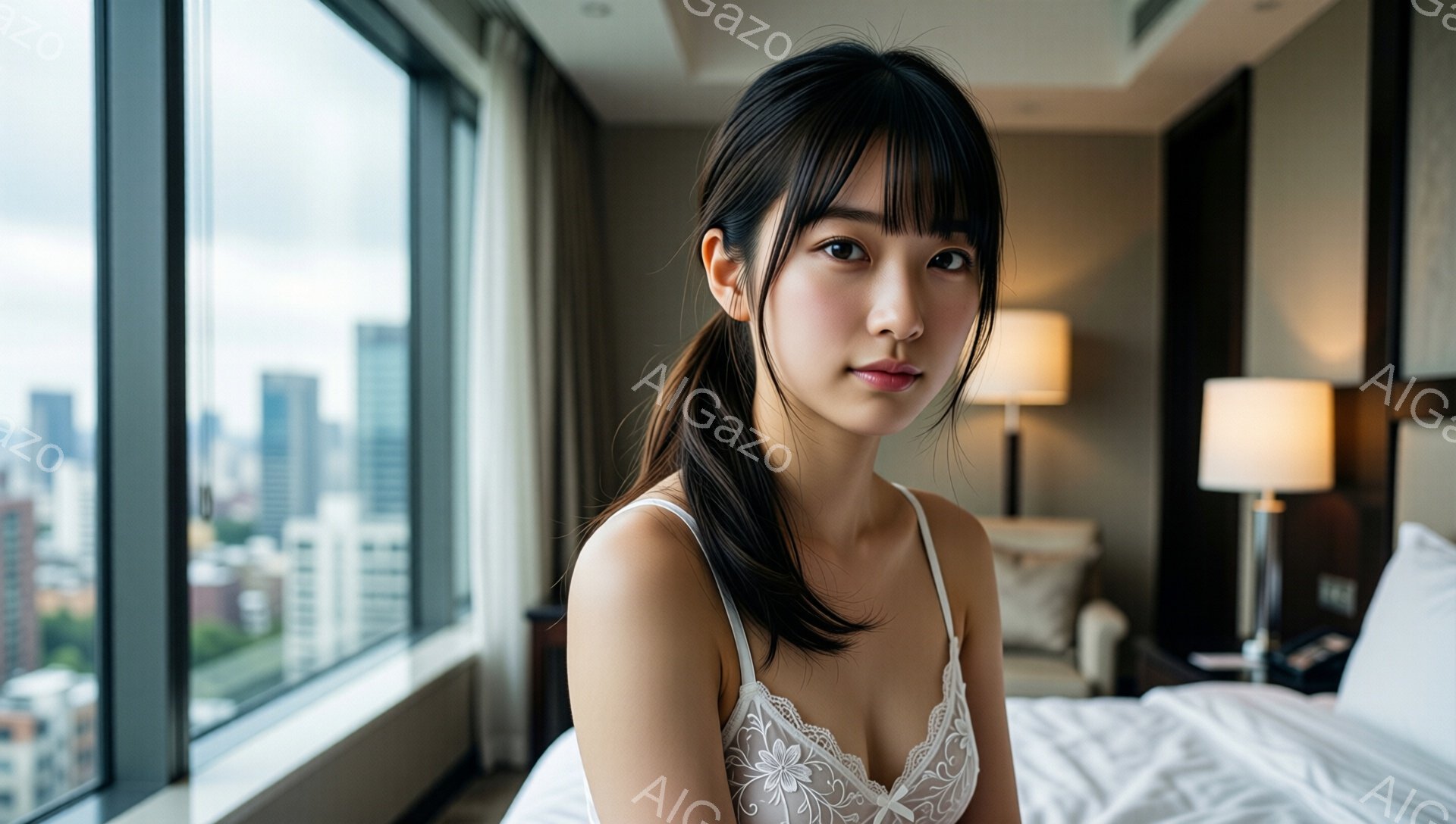 黒髪をハーフアップにした若い女性が、白いレースのキャミソールを着てベッドに座っています。彼女はカメラに向かって微笑んでおり、リラックスした表情をしています。背景には高層ビル群と緑が見え、部屋は明るく開 - AI生成フリー素材