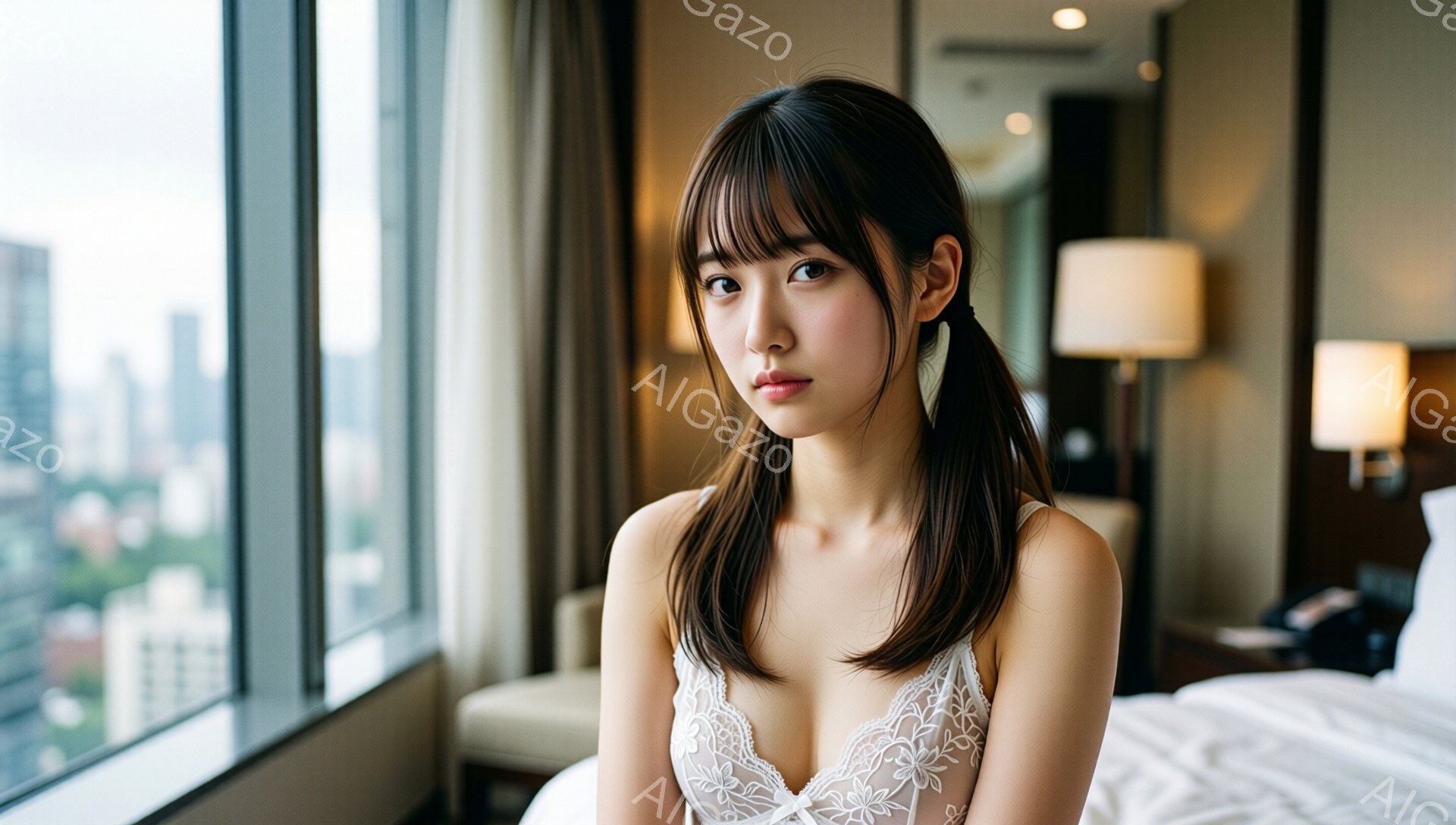 長い黒髪をハーフアップにし、繊細なレースのキャミソールを着た若い女性が写っています。彼女はベッドに座り、少し憂いのある表情でカメラを見つめています。背景には高層ビル群が見え、窓から差し込む光が部屋全体 - AI生成フリー素材