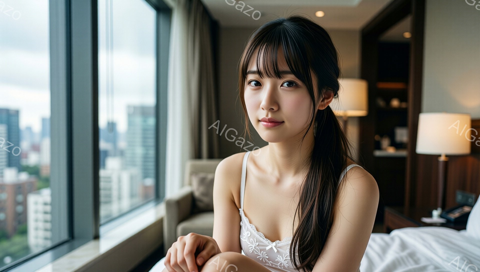 長い黒髪を後ろで一つにまとめた女性が、レースのキャミソールを着てベッドに座っています。彼女は穏やかな表情でカメラを見ており、肘を膝に乗せてリラックスした姿勢をとっています。背景には高層ビル群が見える窓 - AI生成フリー素材