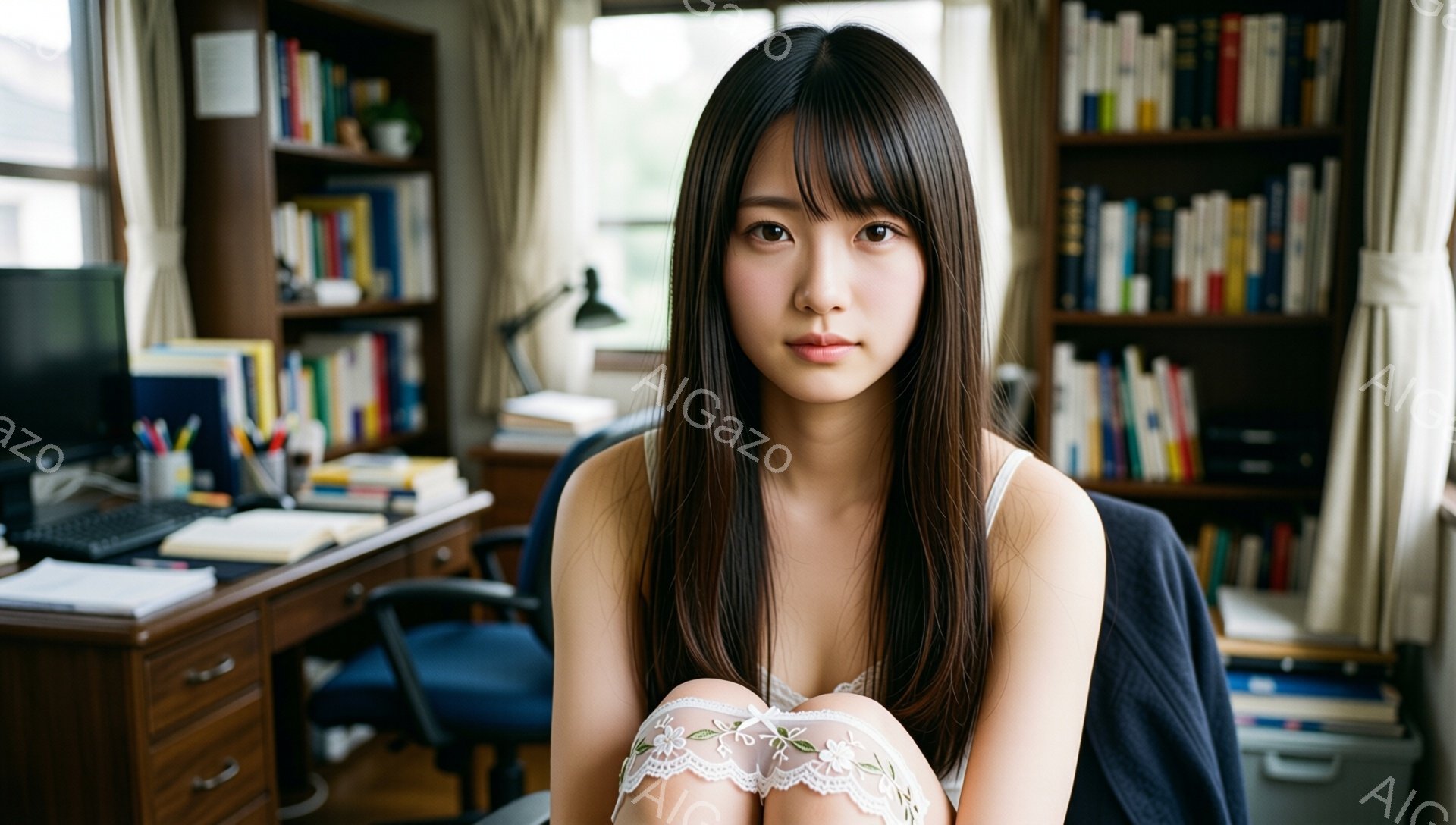 長い黒髪で、前髪が目にかかる女性が写っています。白いキャミソールを着て、膝の上にはレース編みの白い布を置いており、少し微笑んでいます。背後には本棚があり、机と椅子が置かれた書斎のような室内で、穏やかで - AI生成フリー素材