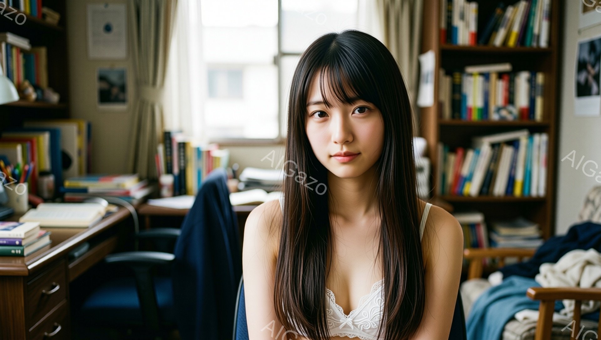 長い黒髪をセンターパートにした若い女性が、白いレースのブラレットを着て正面を見つめている。彼女は少し微笑んでおり、落ち着いた表情をしている。背景には、本棚と散らかった机があり、部屋全体が暖かく、親密な - AI生成フリー素材