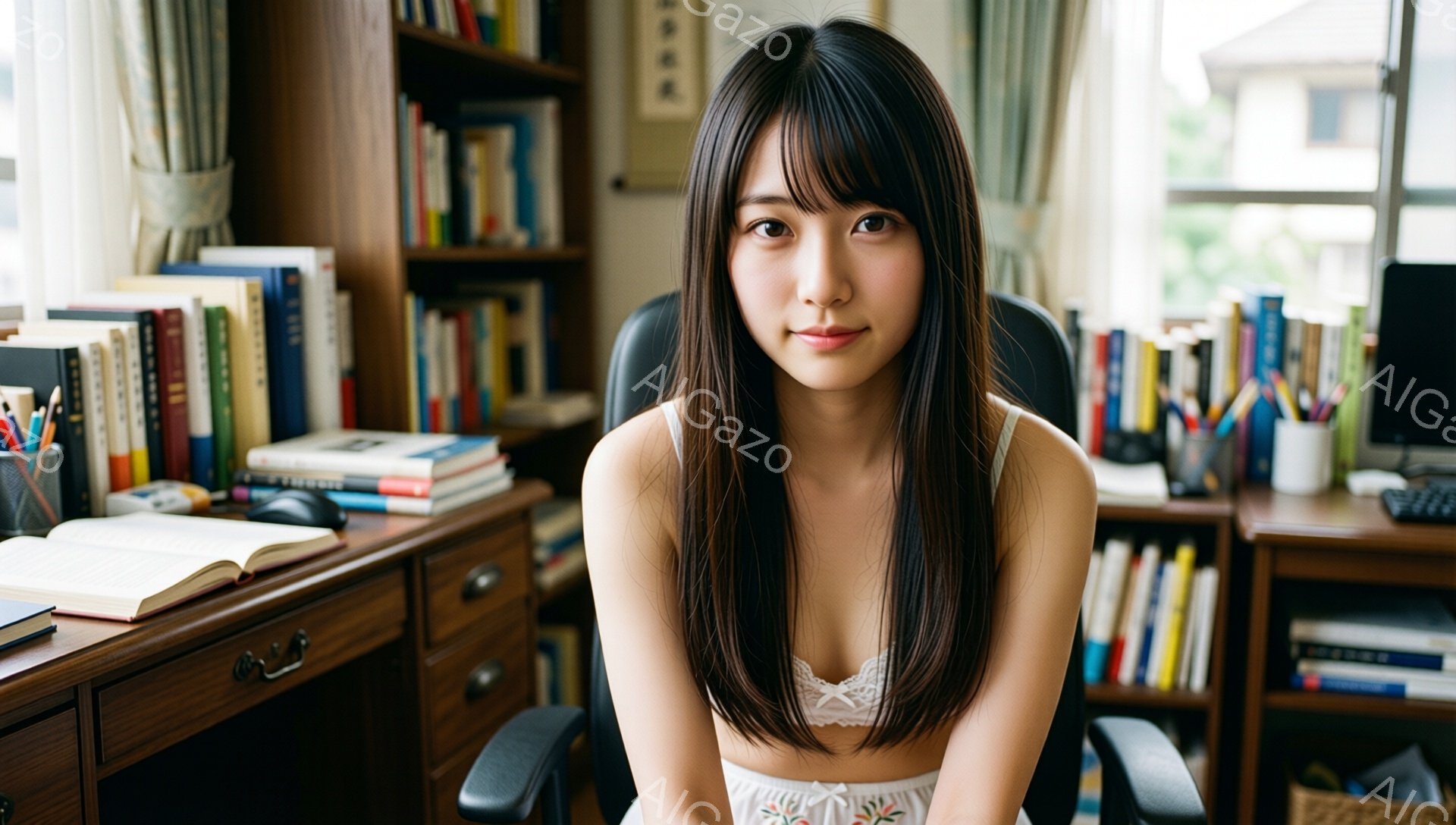 長い黒髪で、前髪が目にかかる女性が写っています。白いレースのキャミソールと花柄のブラウスを着ており、少し微笑んでいます。背景には本棚が並び、机の上には本や筆記用具が置かれており、明るい室内で勉強しているような雰囲気です。