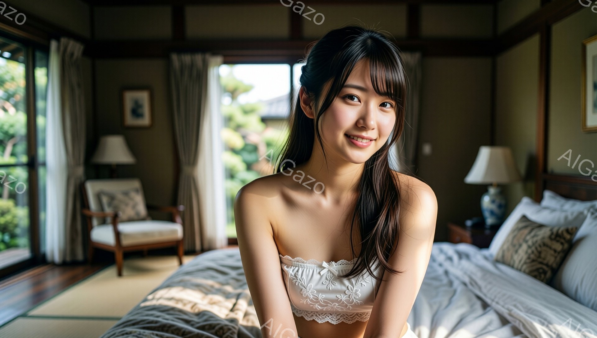 長い黒髪を肩にかける女性が、オフホワイトのレース付きキャミソールを着てベッドに座っています。彼女は微笑んでカメラを見つめ、リラックスした表情をしています。背景には、窓から差し込む光が緑豊かな庭を照らし - AI生成フリー素材